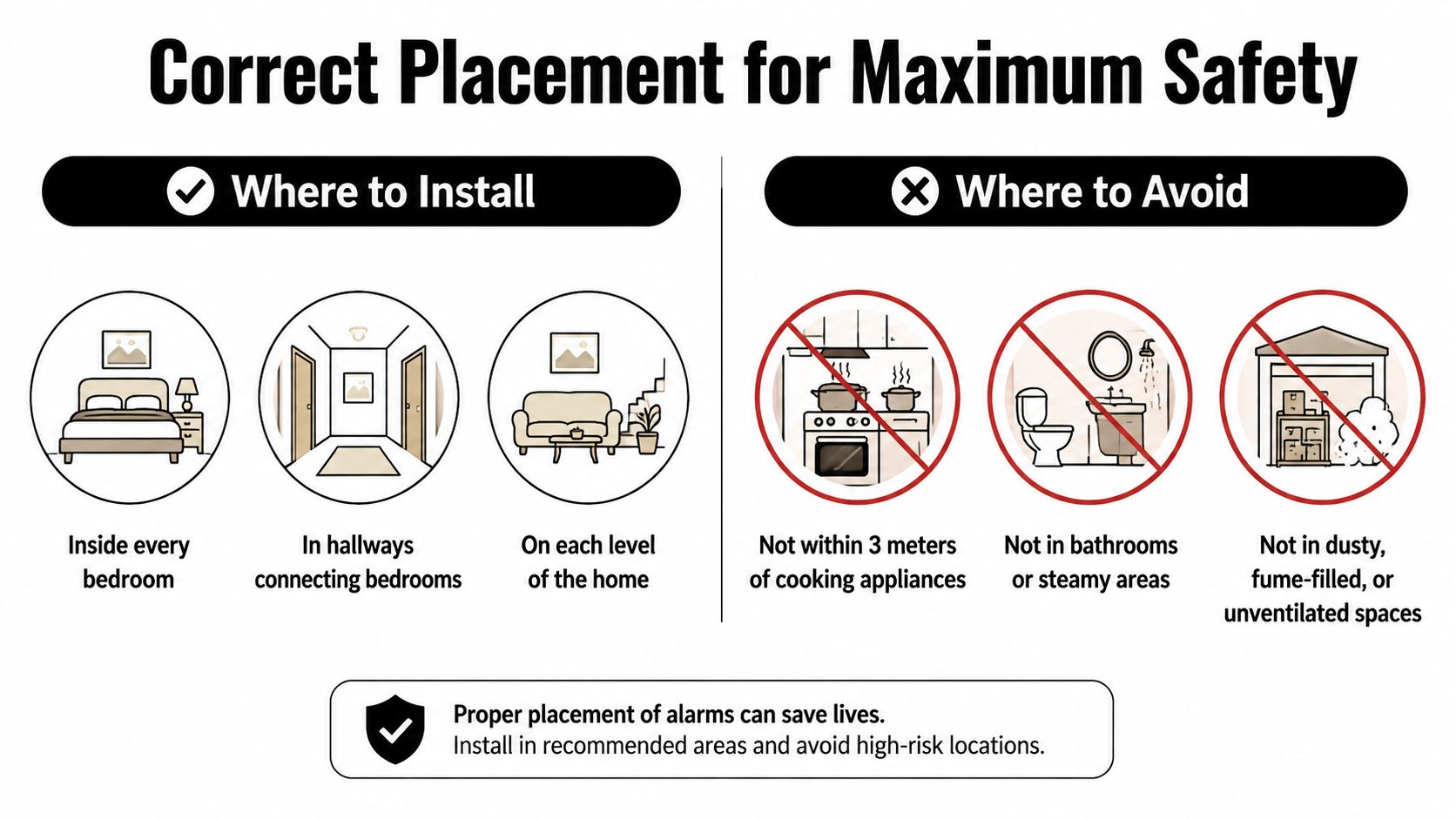 An Infographic Illustrating The Recommended And Restricted Locations For Installing Smoke Alarms In A Home For Safety.