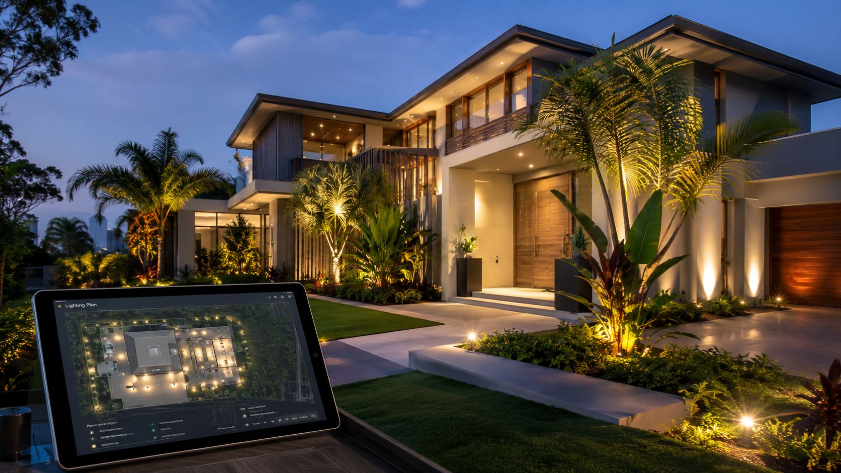 A Digital Tablet Showing A Smart Home Outdoor Lighting Plan In Front Of A Modern Illuminated Luxury House.