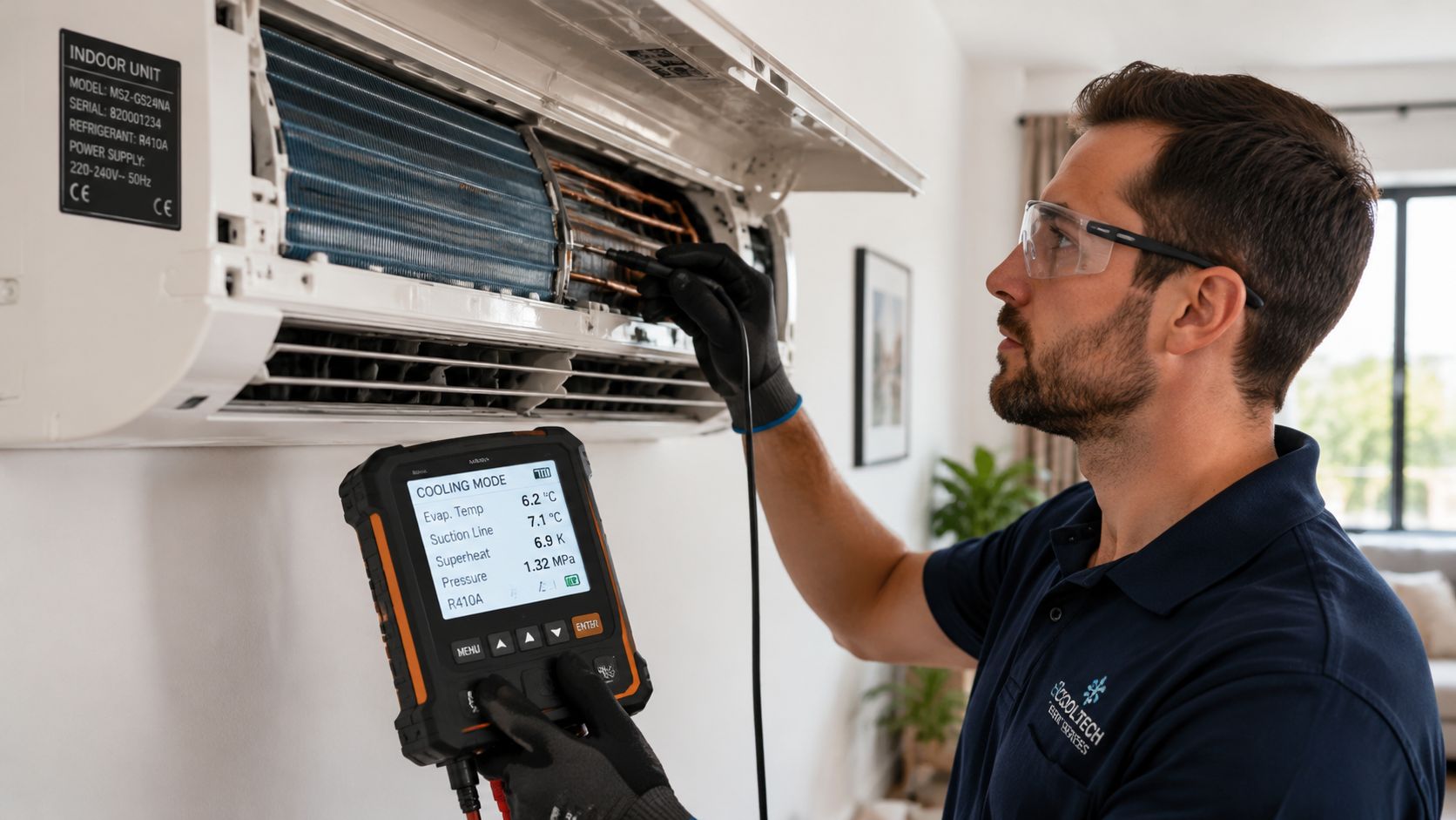 A Professional Hvac Technician In Safety Glasses Performs Maintenance On A Wall-Mounted Indoor Air Conditioner Unit.