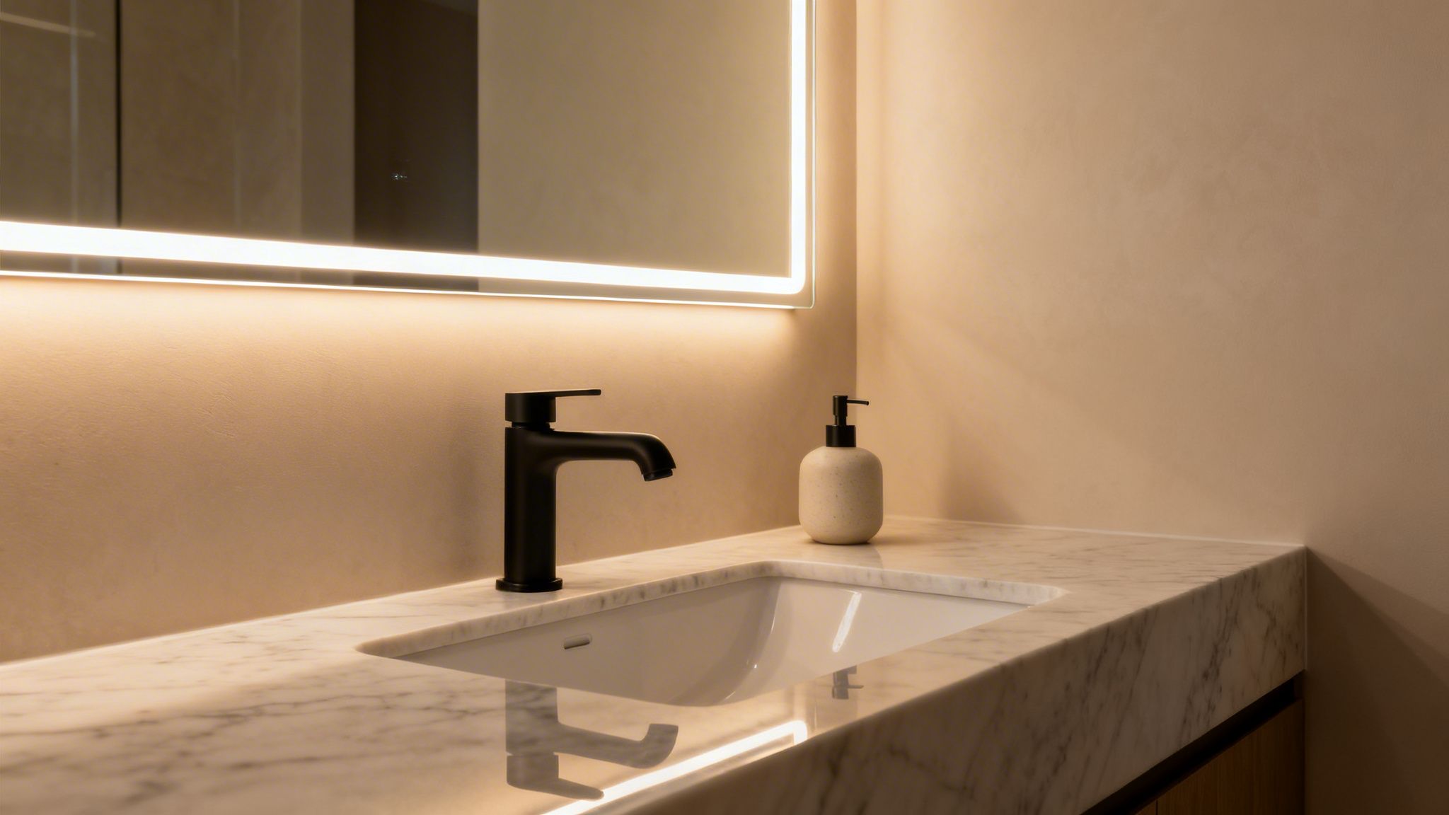 Lighting Bathroom Ideas: 10 Designs To Transform Your Home 1 A Sleek Bathroom Vanity With A Black Faucet, Marble Counter, Sink, And Illuminated Mirror.