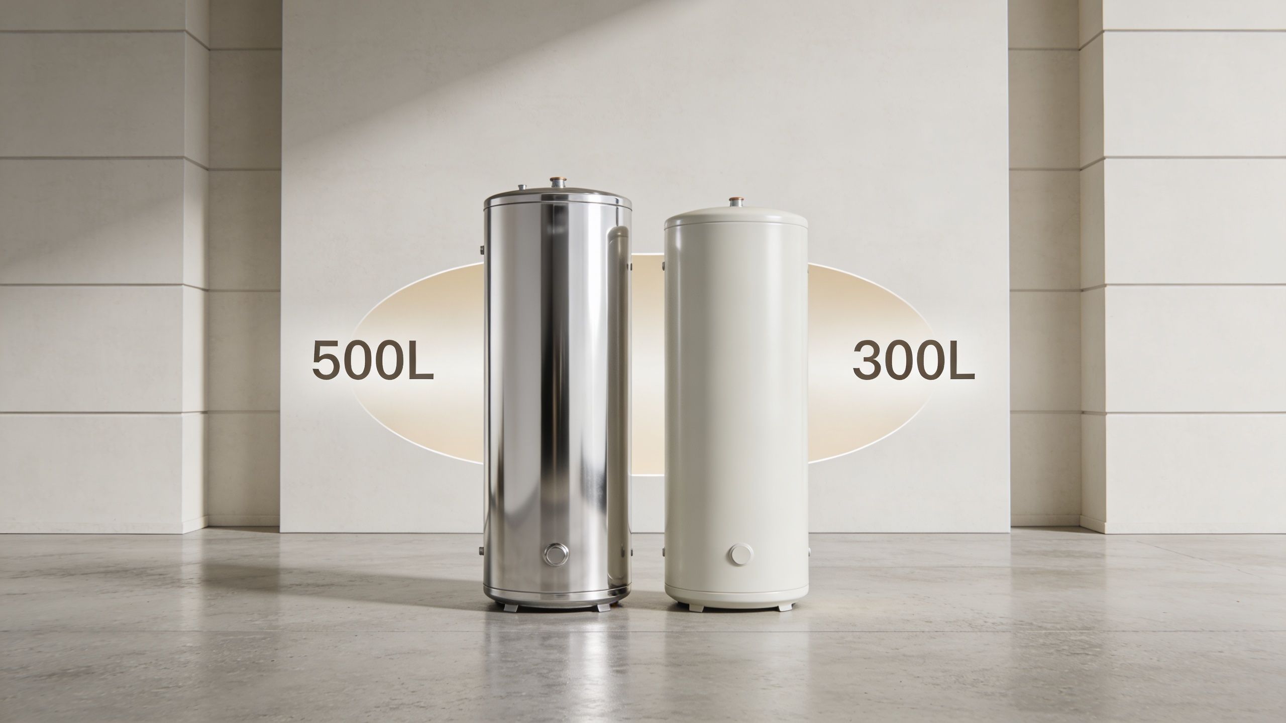 Two Industrial Hot Water Cylinders With 500L And 300L Capacity Standing On A Concrete Floor.