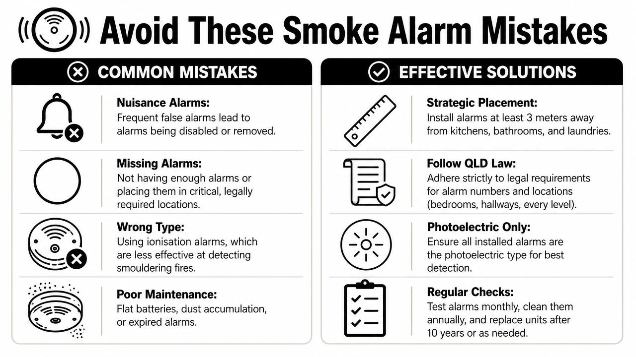An Infographic Detailing Common Smoke Alarm Mistakes And Effective Solutions To Ensure Home Fire Safety.