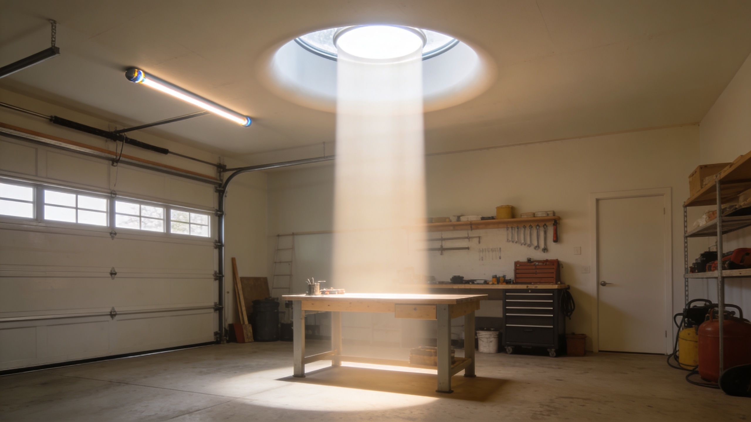8 Top Garage Lighting Ideas For 2026 3 A Workshop Garage Featuring A Bright Circular Skylight Shining Light Onto A Central Wooden Workbench.
