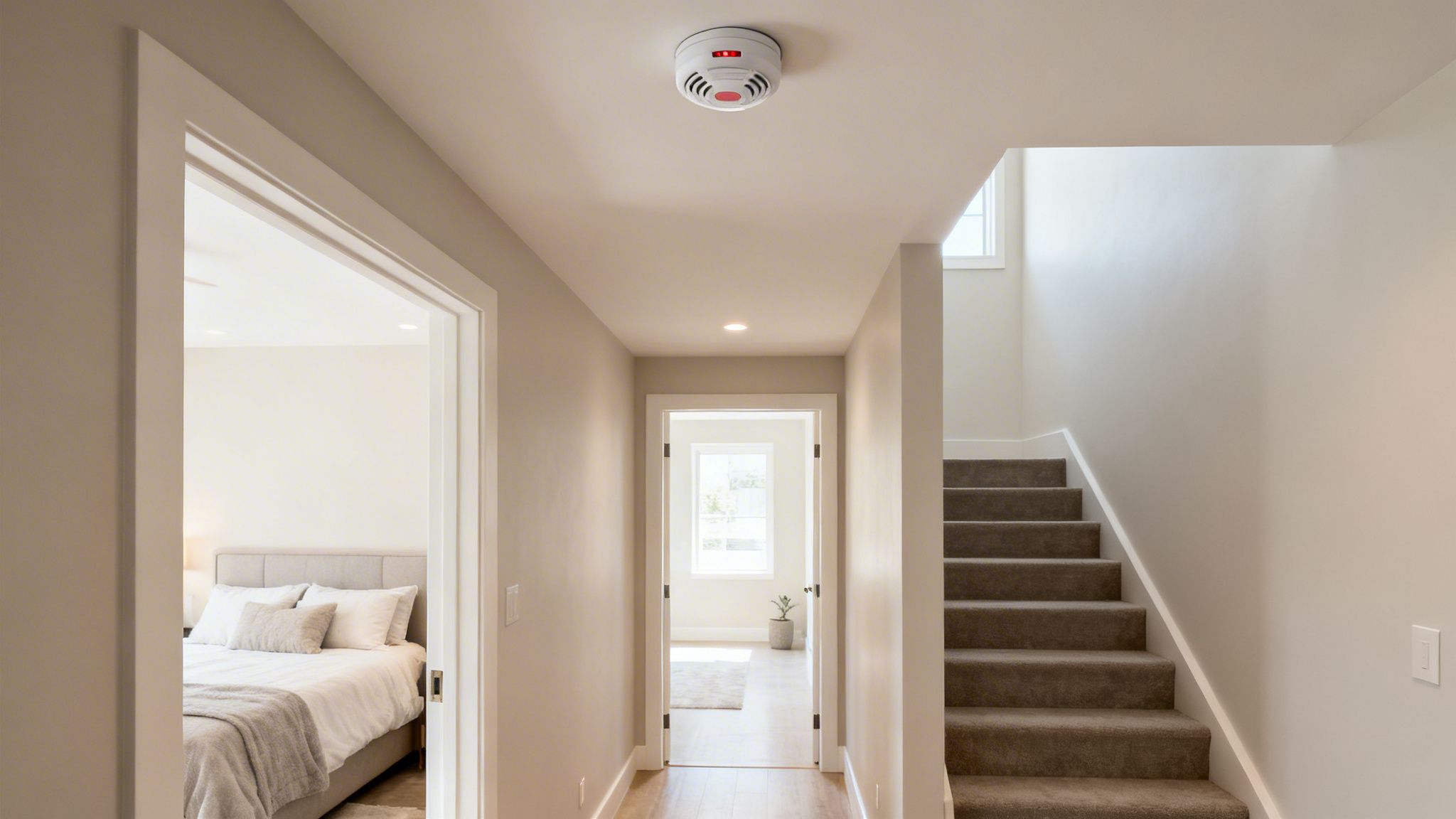 A White Smoke Alarm With A Red Light On A Light-Colored Ceiling In A Modern Hallway With A Bedroom And Staircase.