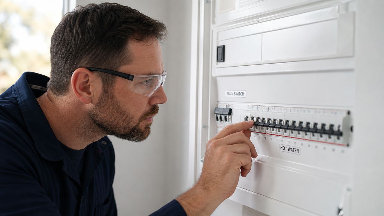 A Professional Electrician Wearing Safety Glasses Inspecting The Circuit Breakers In A Residential Electrical Panel.