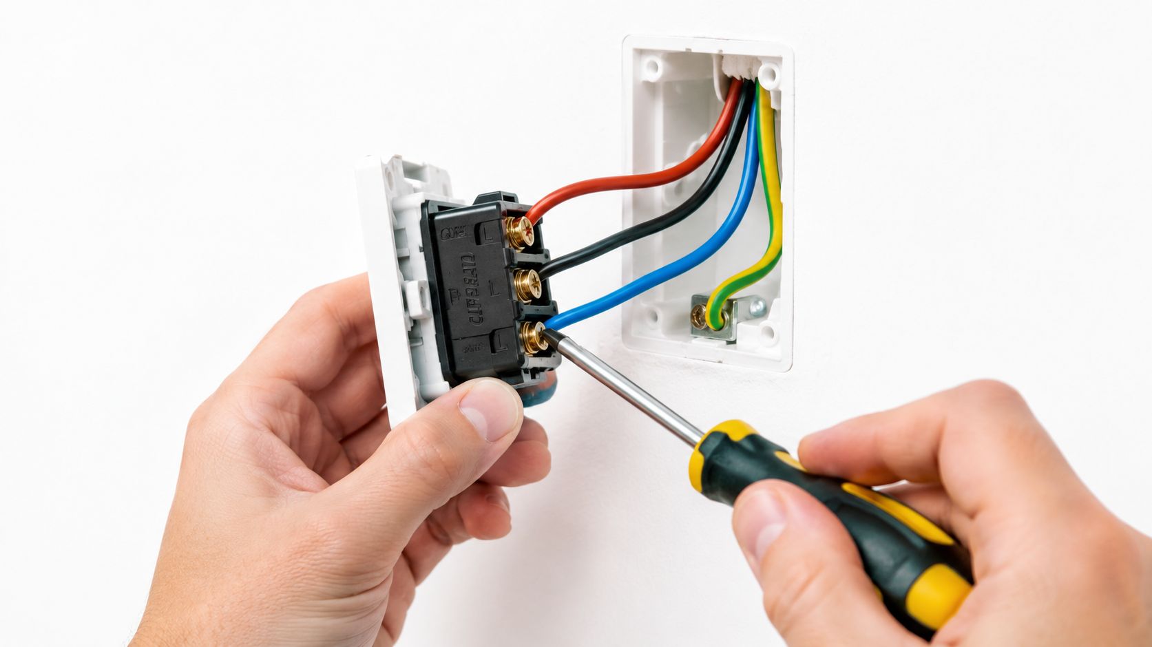 A Close-Up View Of Hands Using A Screwdriver To Wire A Light Switch In A Wall.
