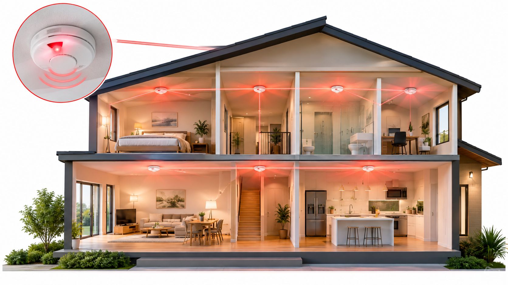 A Cutaway View Of A Modern Two-Story House Showing Interconnected Smoke Detectors Placed In Every Room.