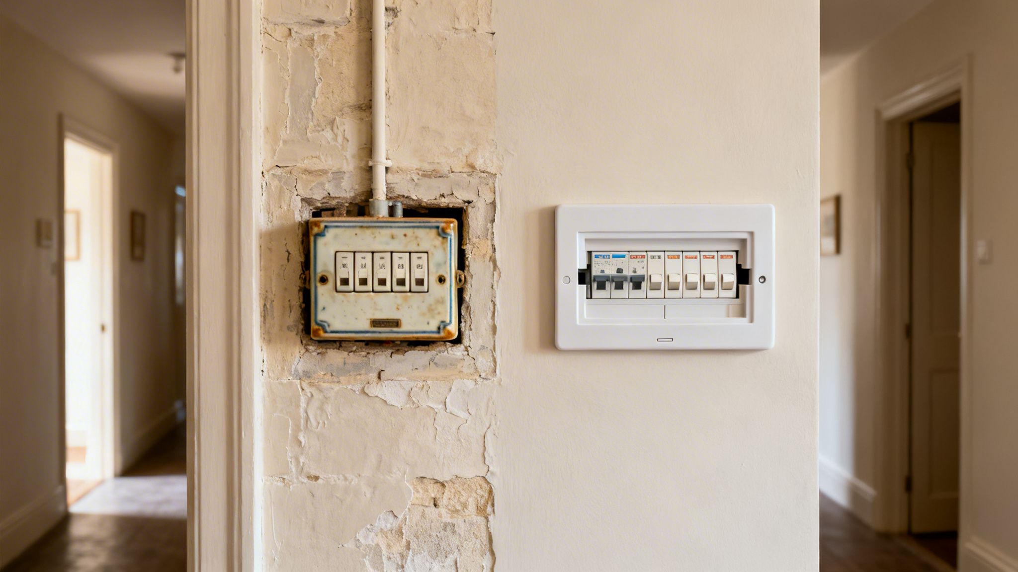 An Old, Rusty Fuse Box Next To A Modern White Circuit Breaker Box On A Cream-Colored Wall.