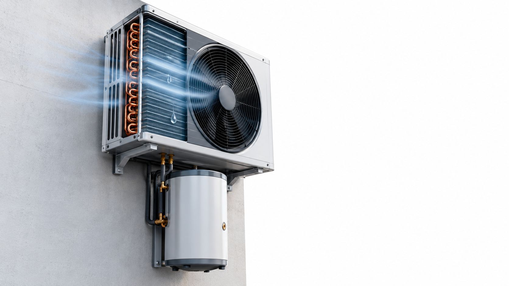 A Modern Outdoor Air Source Heat Pump Unit Mounted On A Wall With A Water Tank.