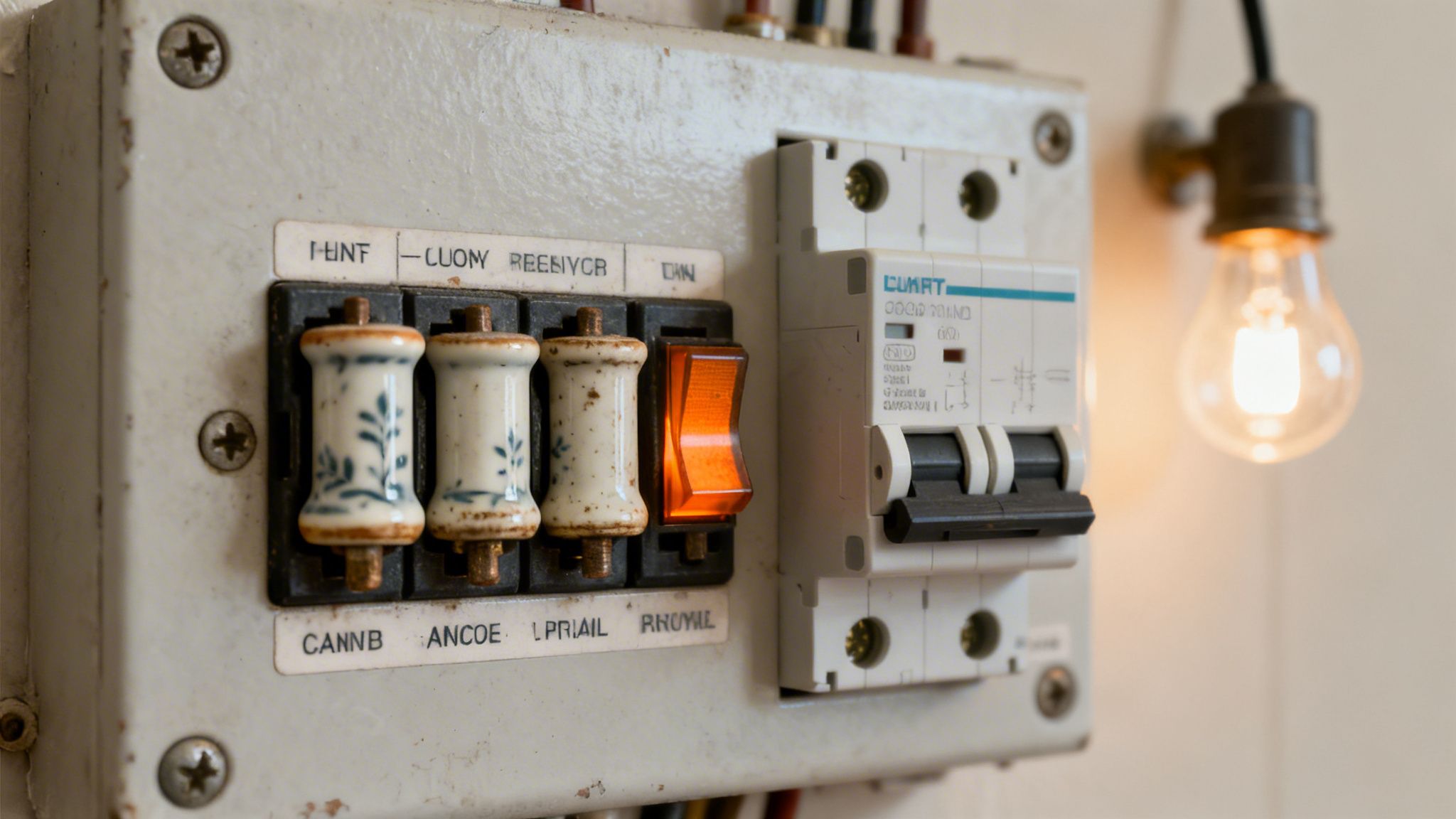 An Old Electrical Switchboard With Ceramic Fuses, An Orange Switch, And A Glowing Light Bulb.