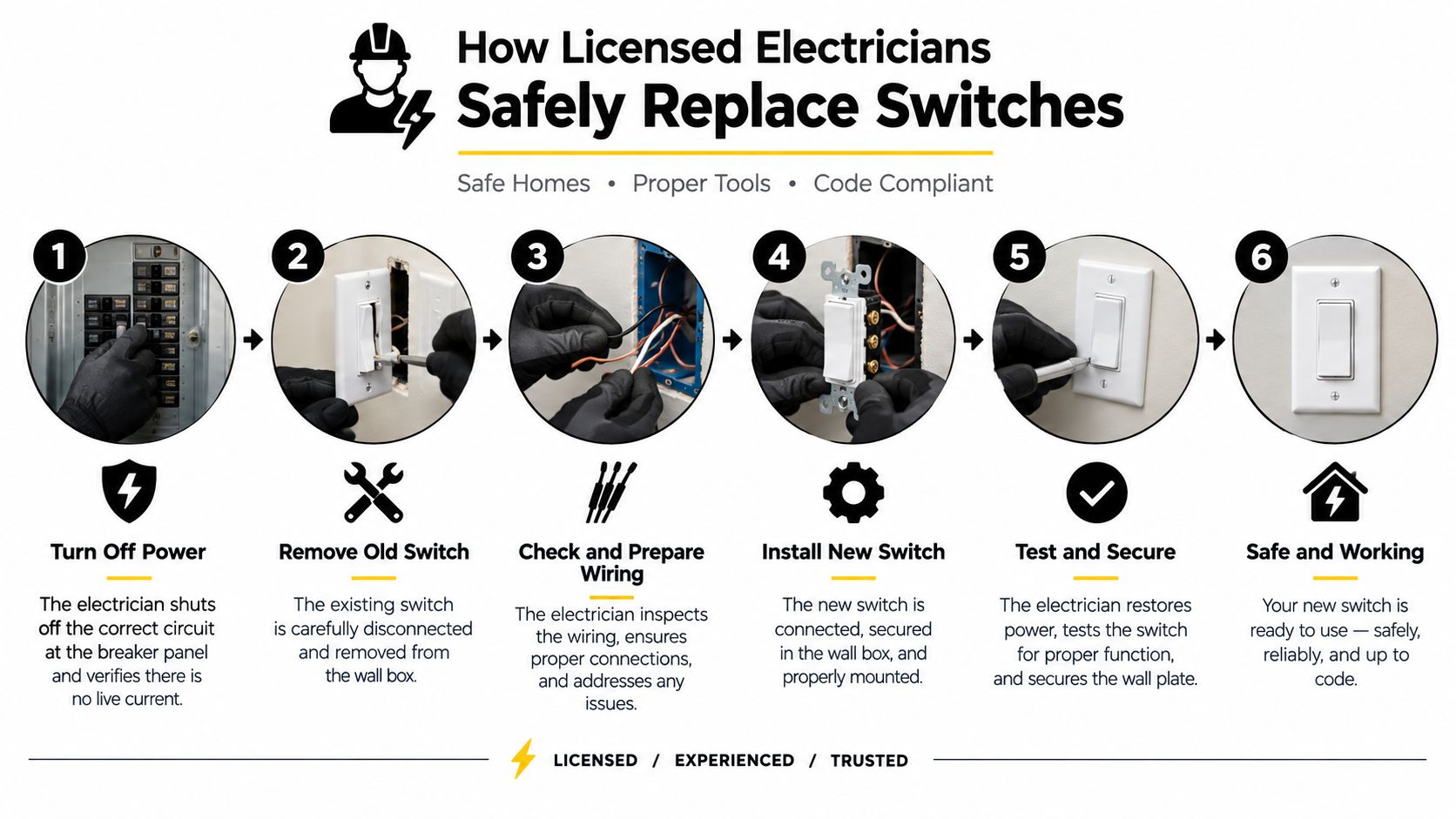 An Infographic Showing The Six-Step Process For Licensed Electricians To Safely Replace Home Wall Light Switches.