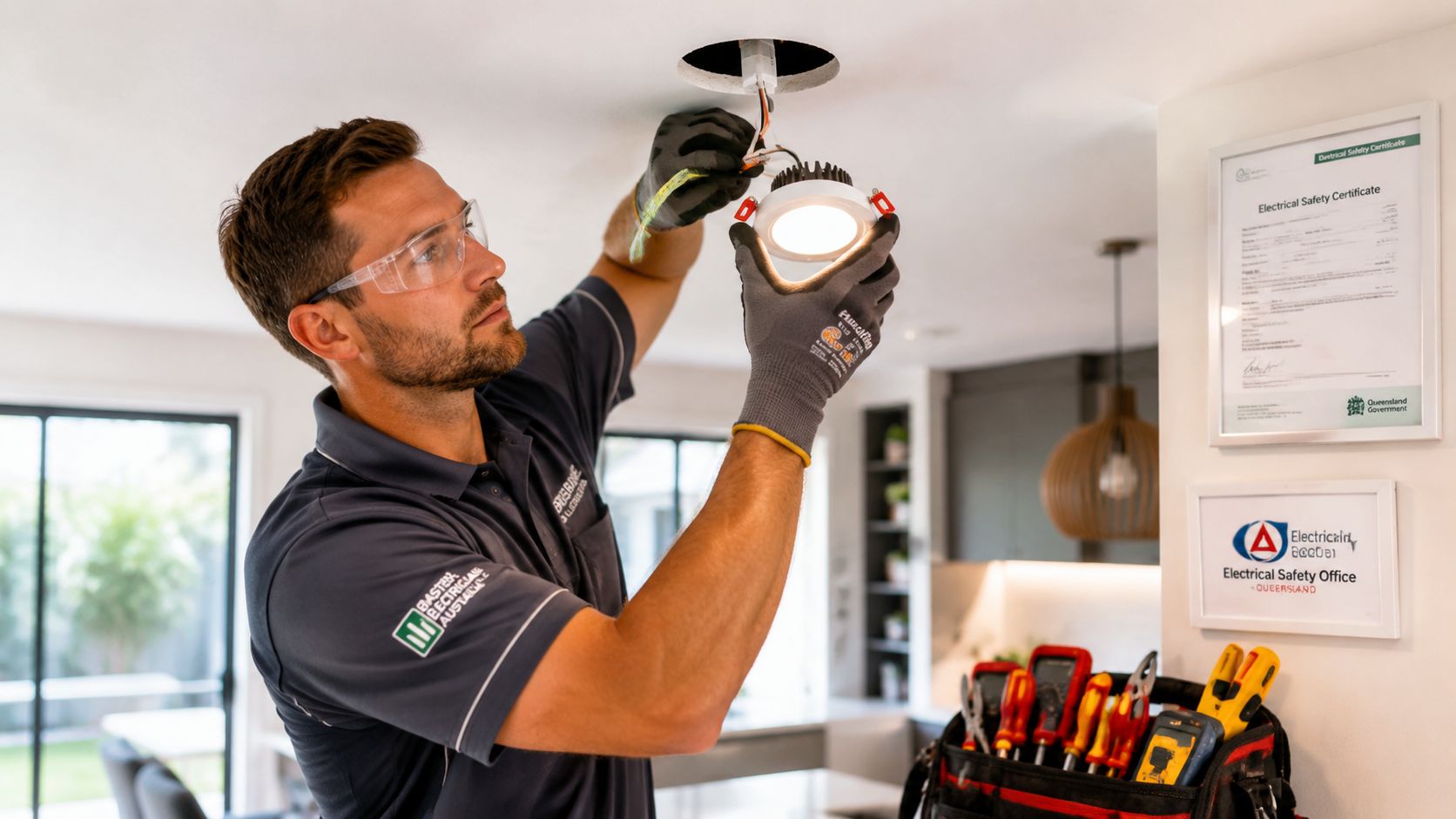 Led Downlight Installation: Your Brisbane Guide 4 A Professional Electrician Wearing Safety Glasses And Gloves Installs A Modern Led Downlight In A Residential Ceiling.