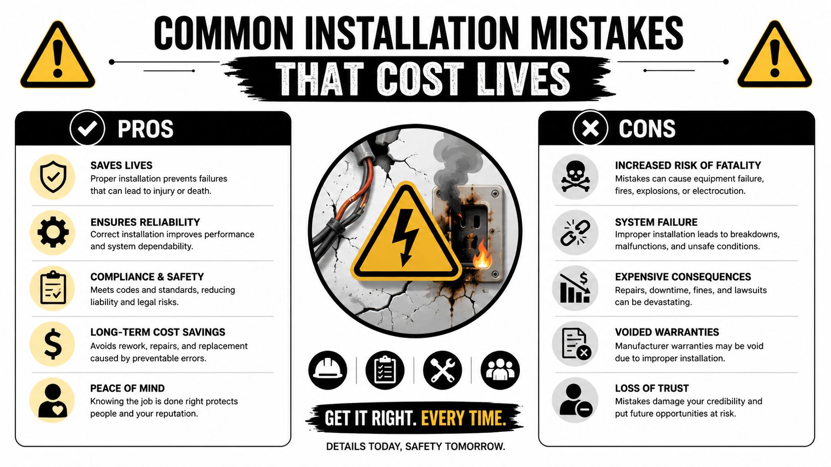 An Infographic Titled Common Installation Mistakes That Cost Lives, Comparing Pros And Cons Of Proper Installation.
