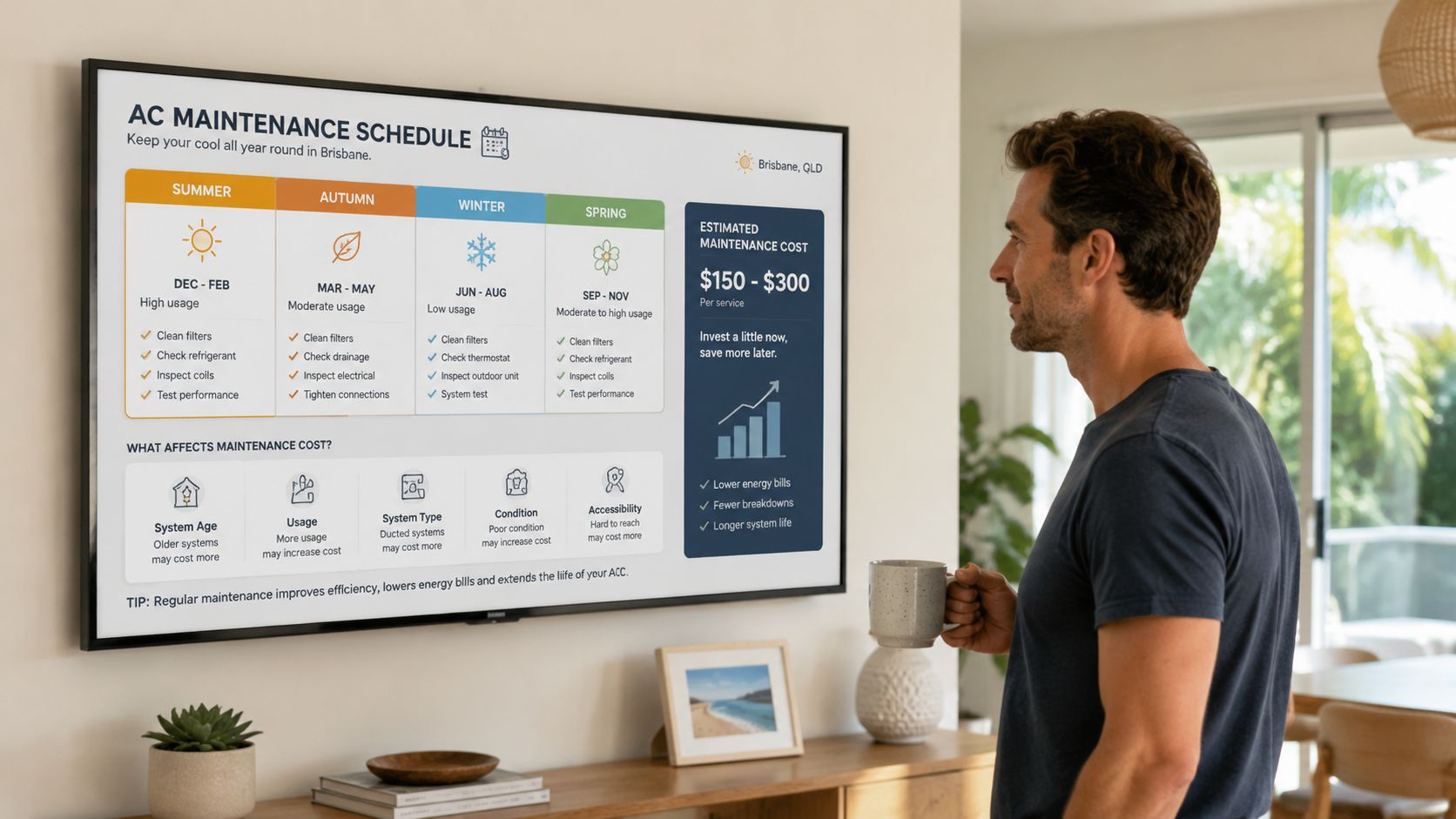 A Man Drinking Coffee While Looking At An Ac Maintenance Schedule Infographic Displayed On A Large Wall Television.