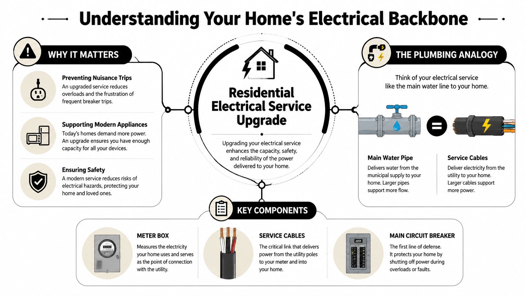 An Infographic Explaining The Benefits And Key Components Of A Residential Electrical Service Upgrade For Homes.