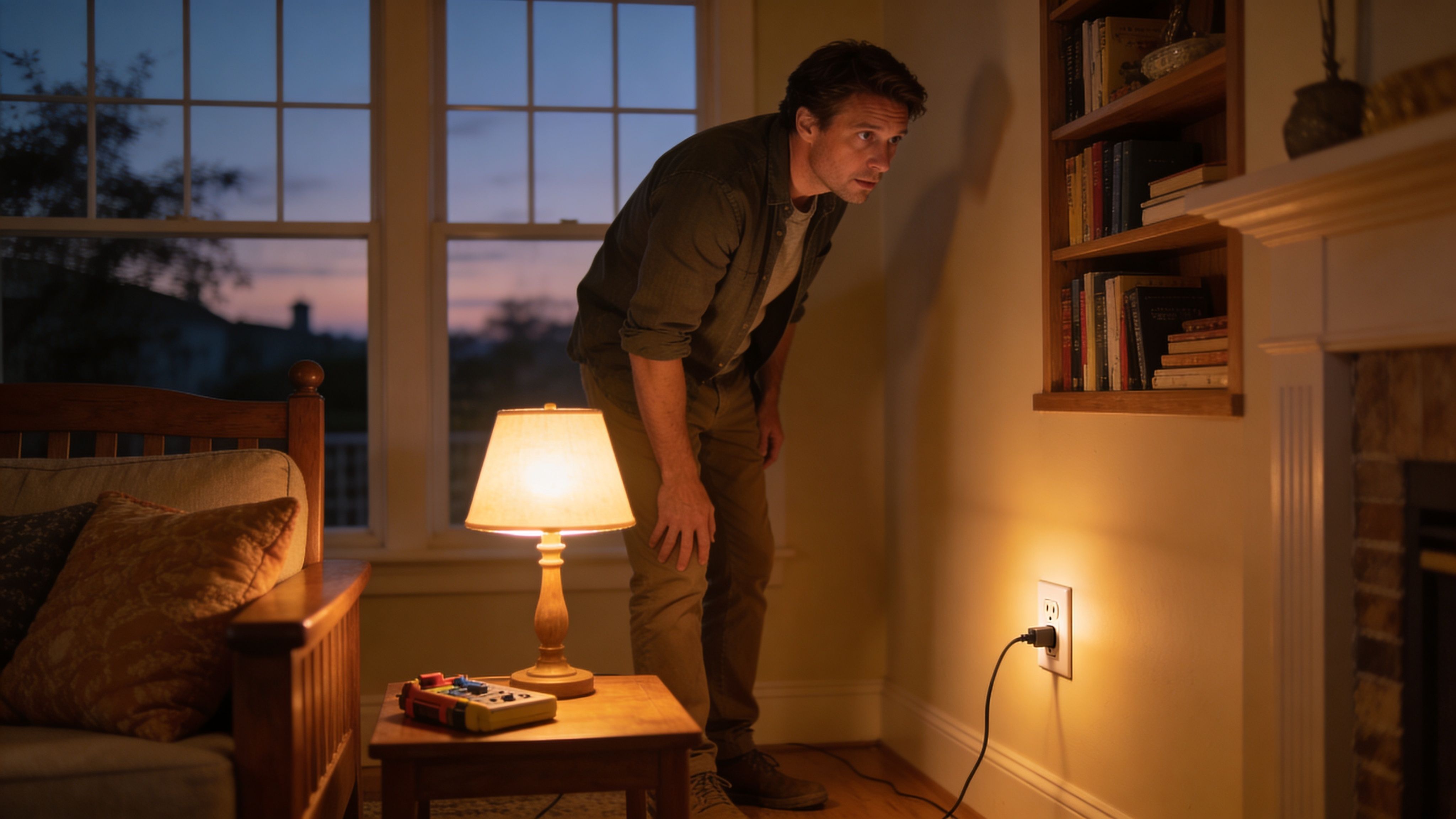 A Man Looking Curiously At A Wall Electrical Outlet In A Warmly Lit, Cozy Home Living Room.