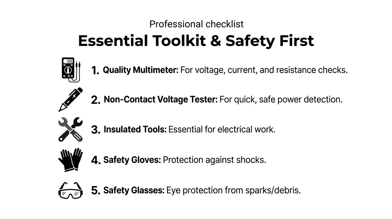 A Professional Checklist For Electrical Work Featuring Icons For A Multimeter, Voltage Tester, Tools, Gloves, And Glasses.