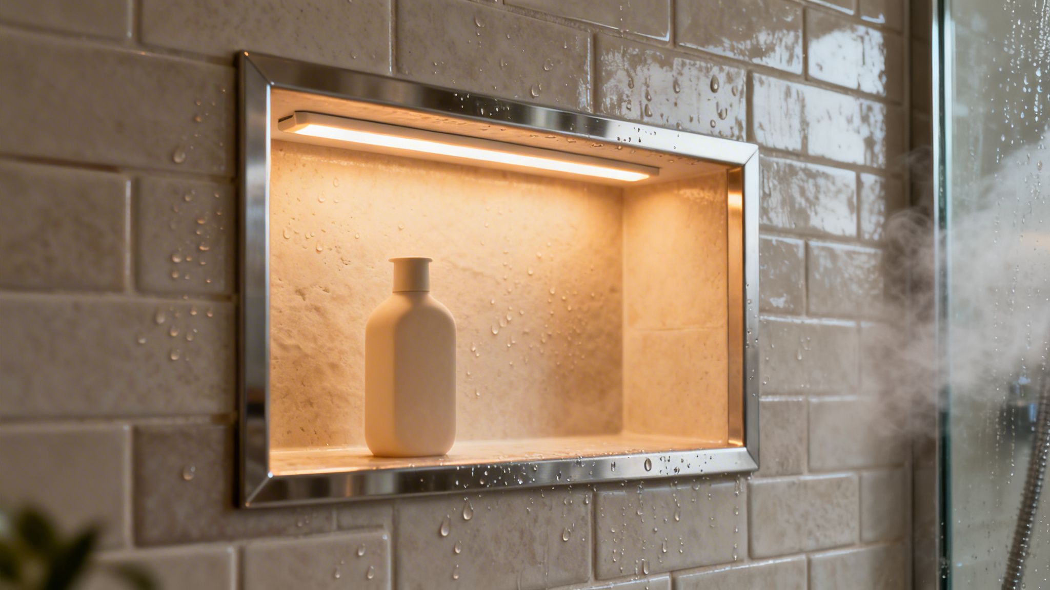 Lighting Bathroom Ideas: 10 Designs To Transform Your Home 2 A Modern Shower Niche With Warm Integrated Lighting, A Minimalist Bottle, And Water Droplets On Beige Tiles.