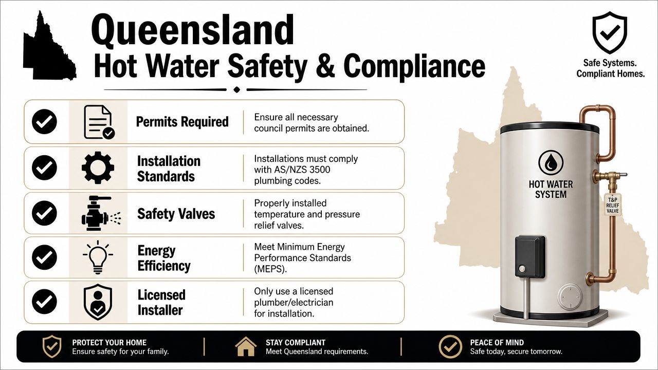 An Infographic Outlining Queensland Hot Water System Safety Compliance Standards For Installation, Permits, And Energy Efficiency.