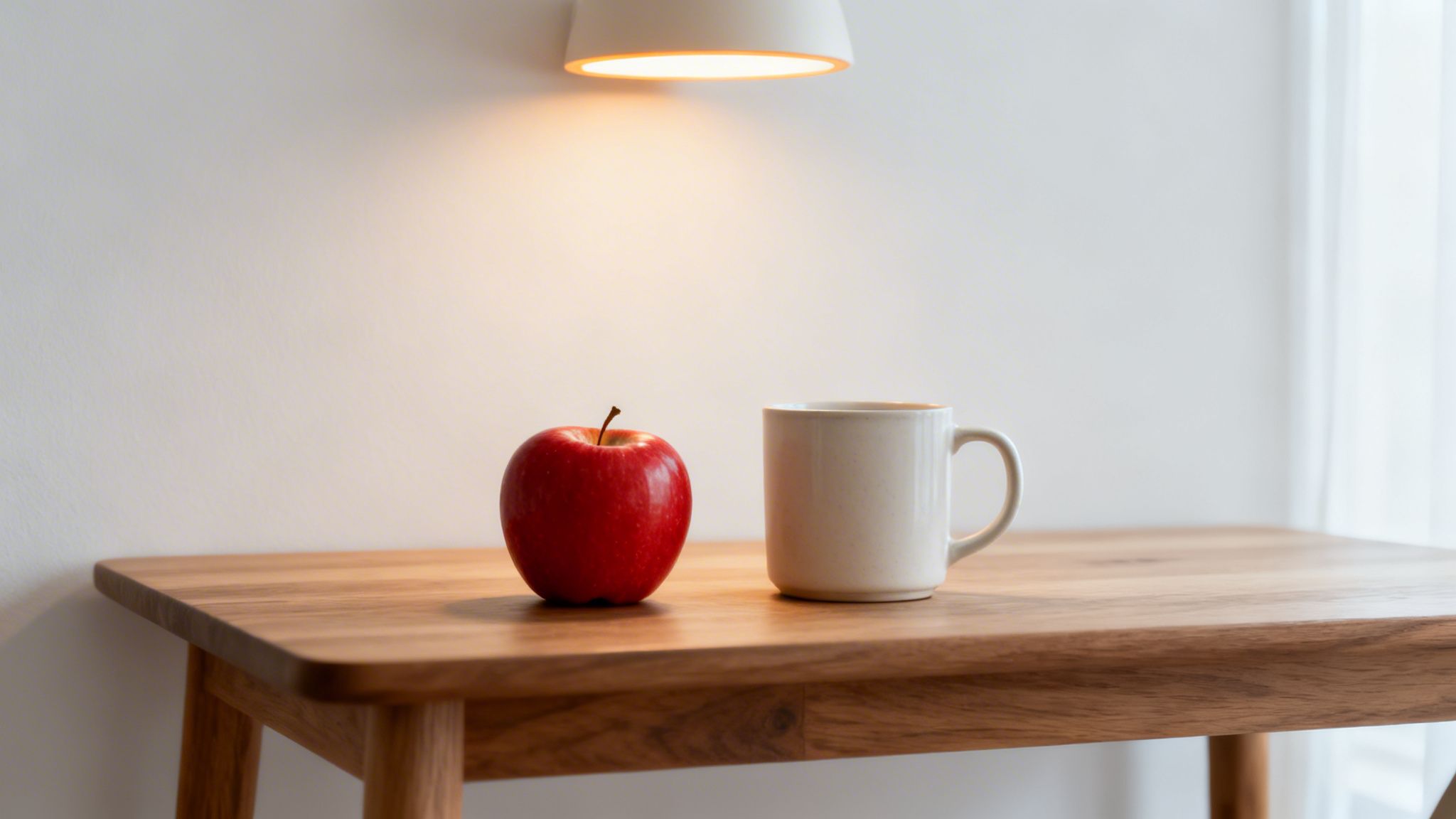 Top 10 Benefits Of Led Lighting For Brisbane Homes In 2026 2 A Red Apple And A White Ceramic Mug Sit On A Light Wooden Table Under A Warm Led Light.