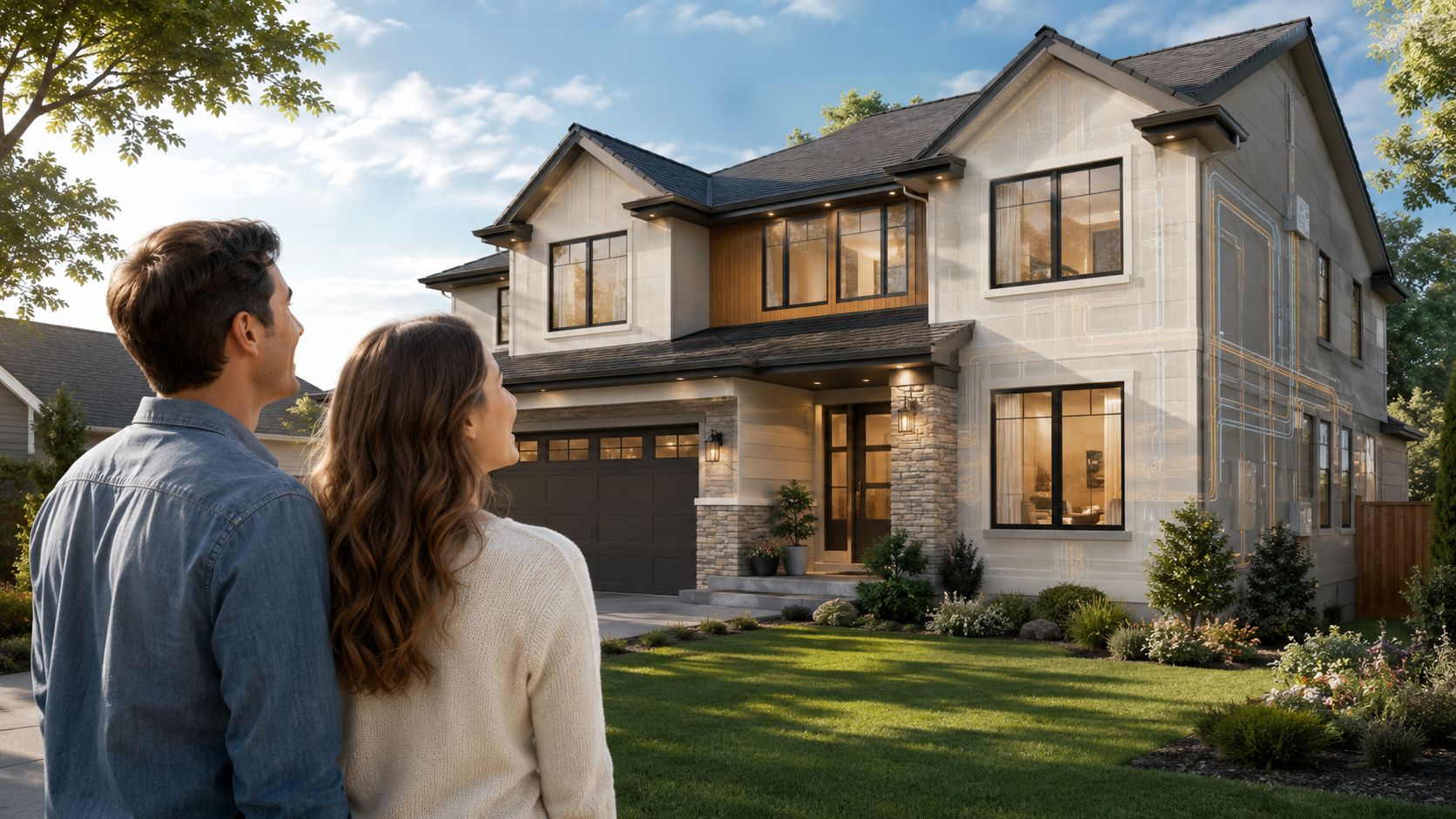 Pre Purchase Electrical Inspection: A Buyer'S Guide 2026 1 A Couple Standing On A Lawn Admiring A New House With Visible Digital Electrical Wiring Diagrams Overlaid.
