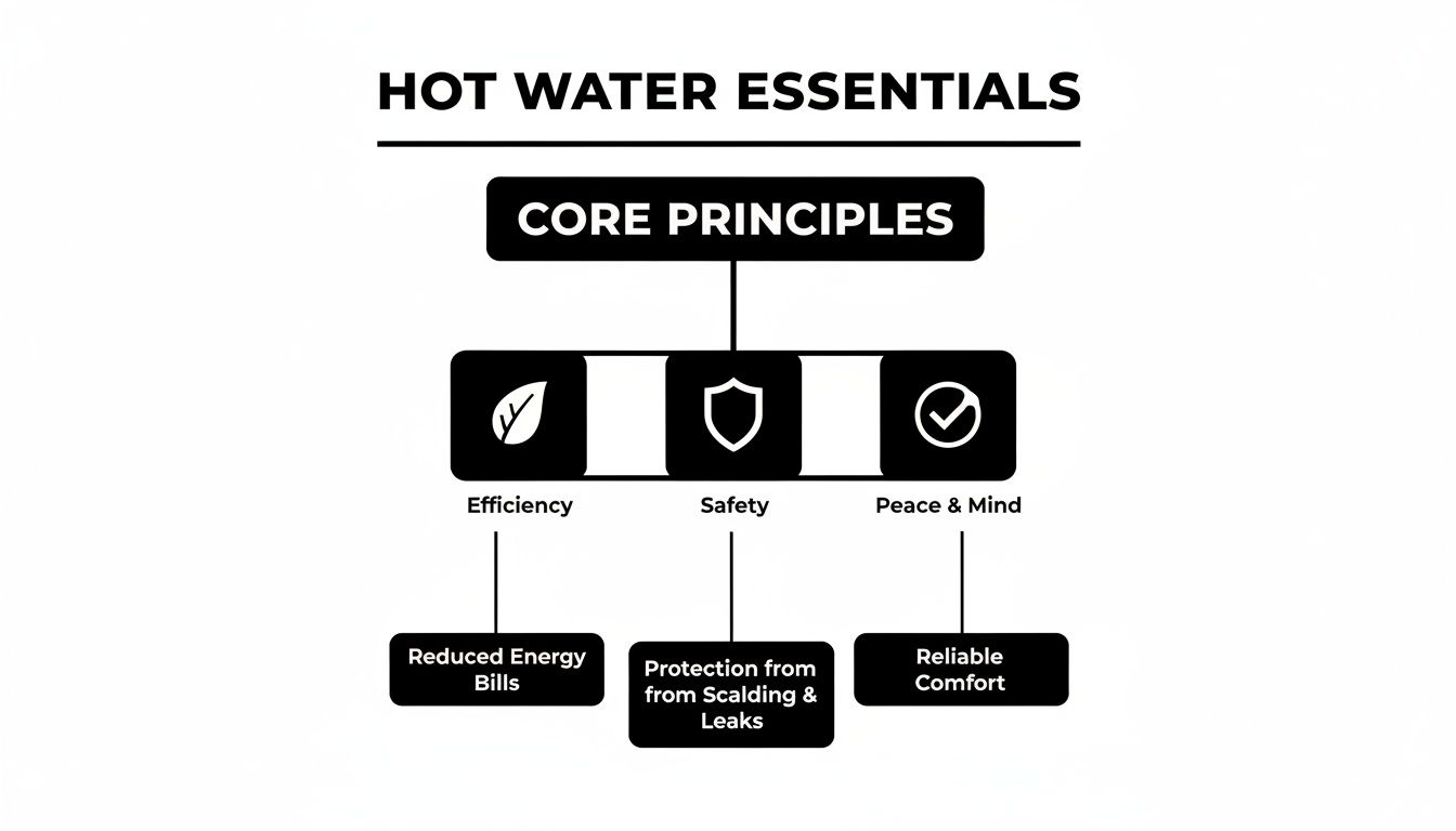 Diagram Illustrating Hot Water Essentials' Core Principles: Efficiency, Safety, And Peace Of Mind, With Their Benefits.