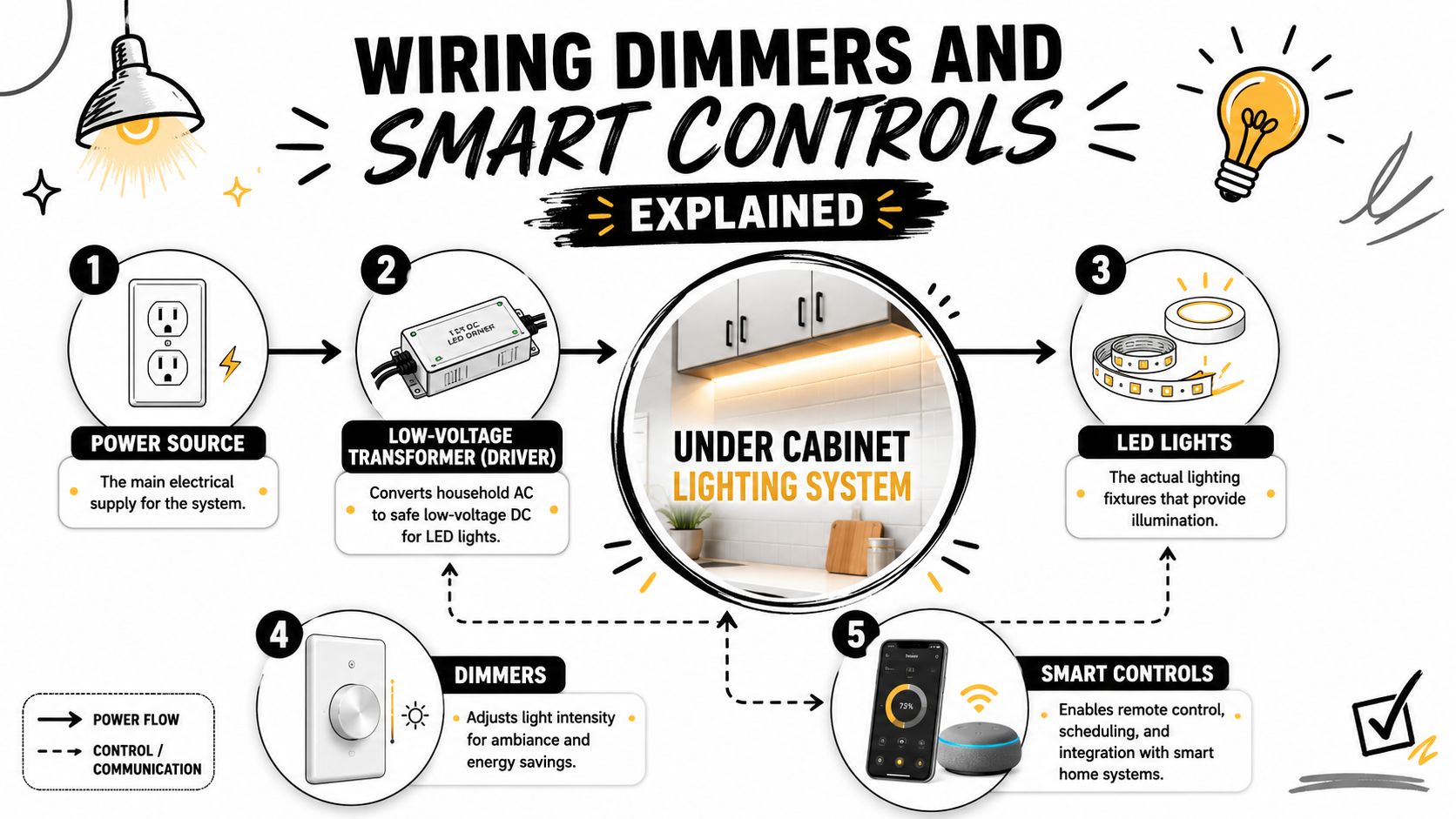 A Diagram Explaining The Components And Wiring For An Under Cabinet Lighting System Including Power, Drivers, And Controls.