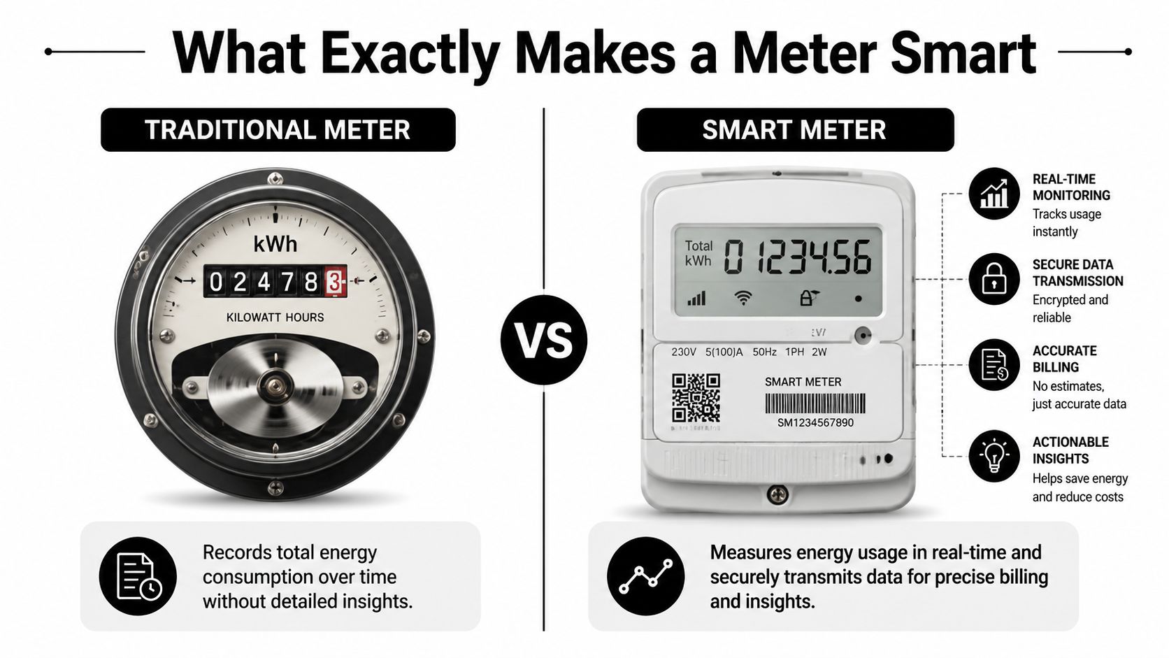 A Comparison Graphic Showing A Traditional Analog Electricity Meter Versus A Modern Digital Smart Meter With Features.