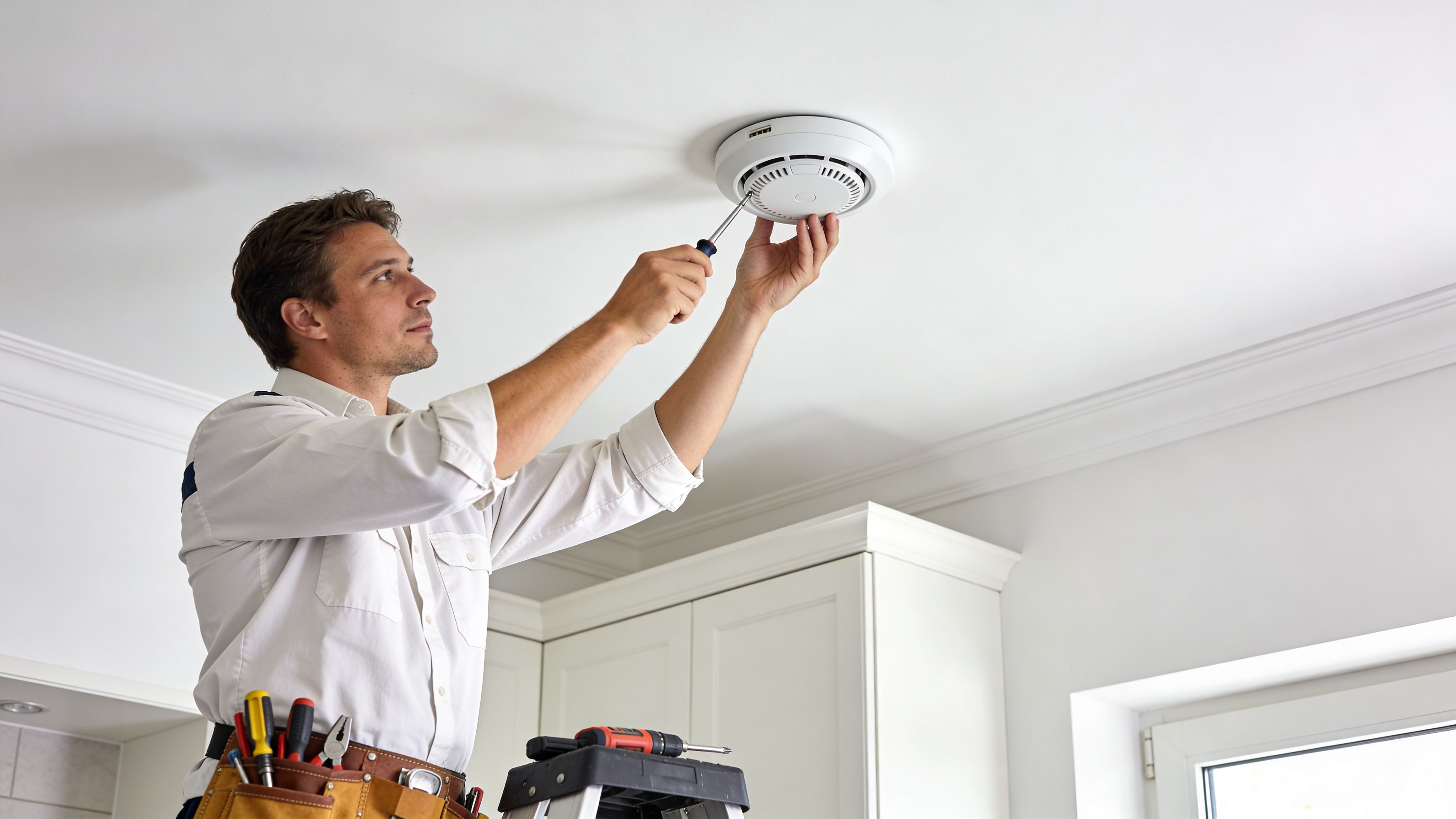A Professional Electrician On A Ladder Installs A Smoke Detector On The Kitchen Ceiling With A Screwdriver.