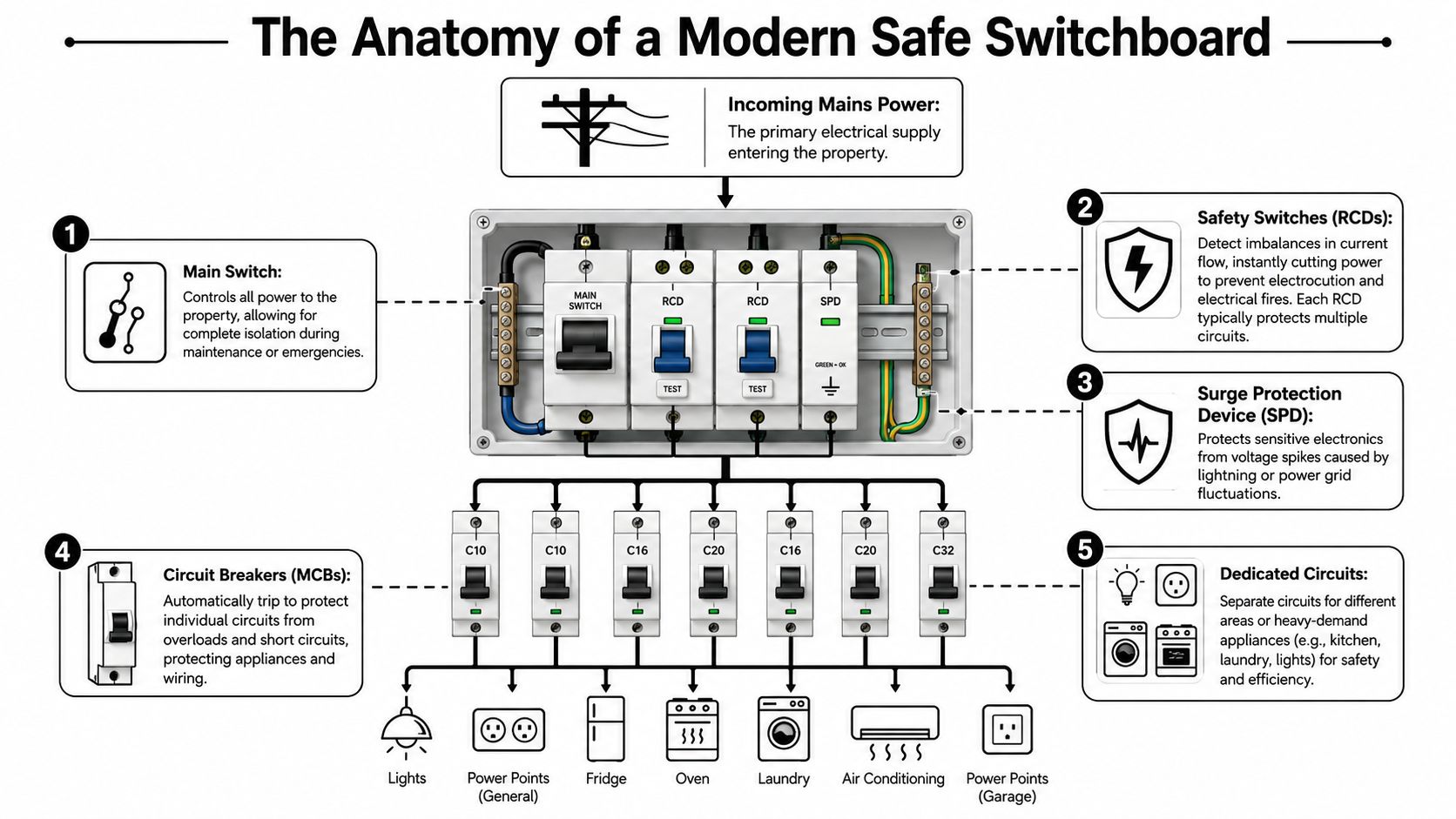 A Detailed Diagram Illustrating The Components Of A Modern, Safe Residential Electrical Switchboard System.
