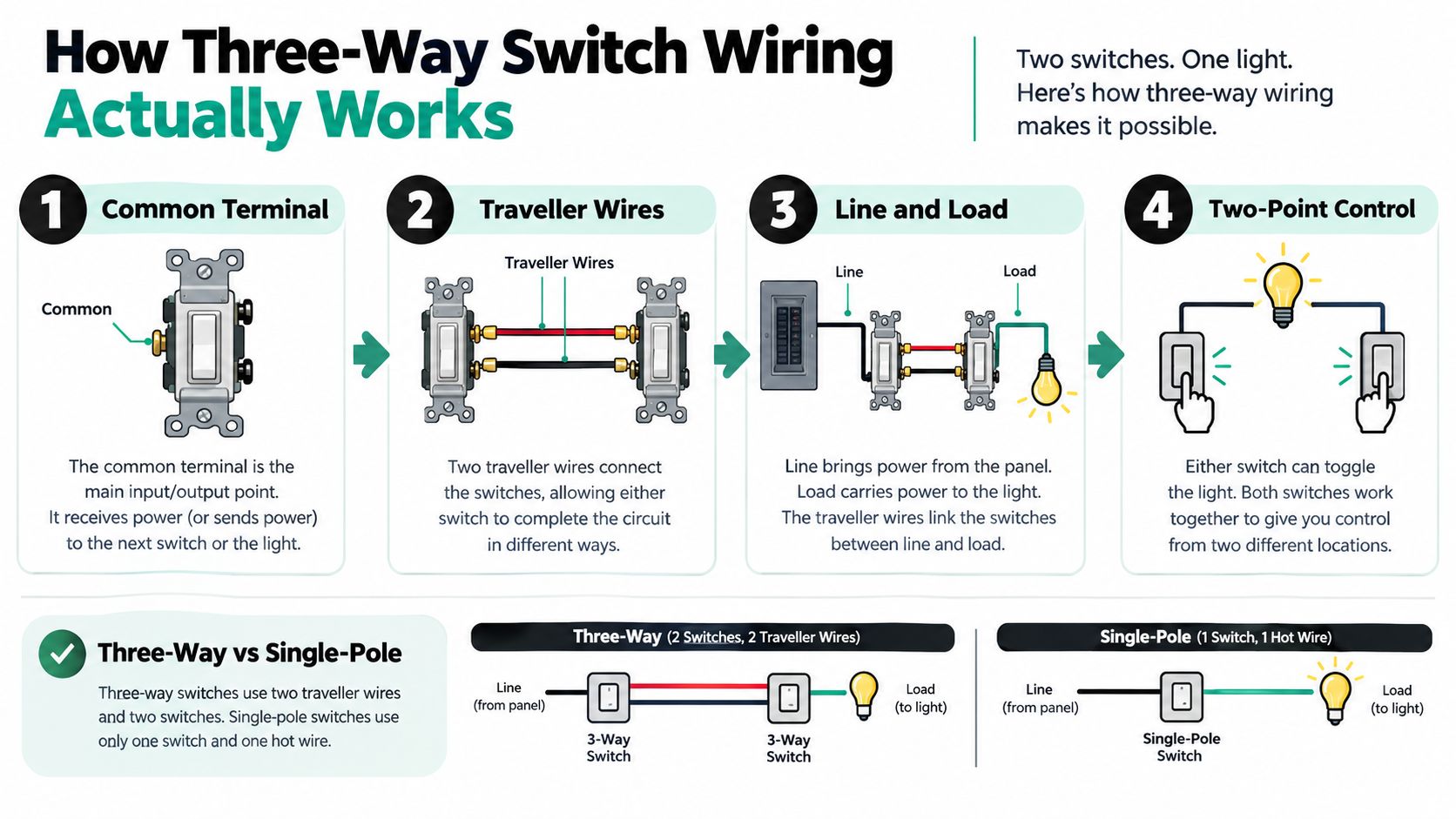 A Step-By-Step Instructional Infographic Explaining The Wiring And Functionality Of A Three-Way Light Switch Circuit.