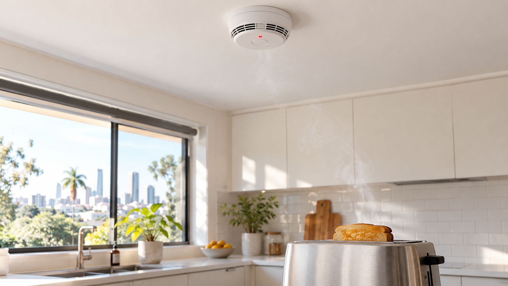 A Modern Kitchen With A Smoke Alarm Triggered By Smoke Rising From A Piece Of Toasted Bread.