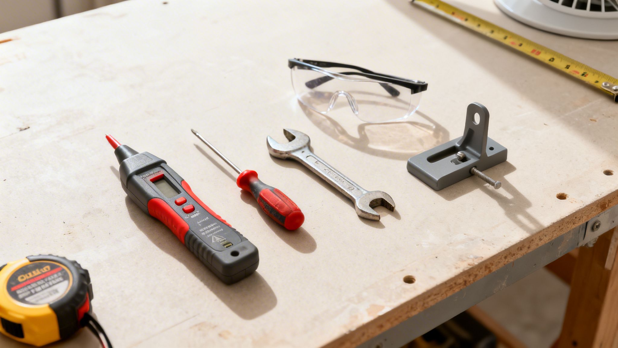 Various Essential Hand Tools Including A Voltage Tester, Wrench, And Safety Glasses On A Workbench.