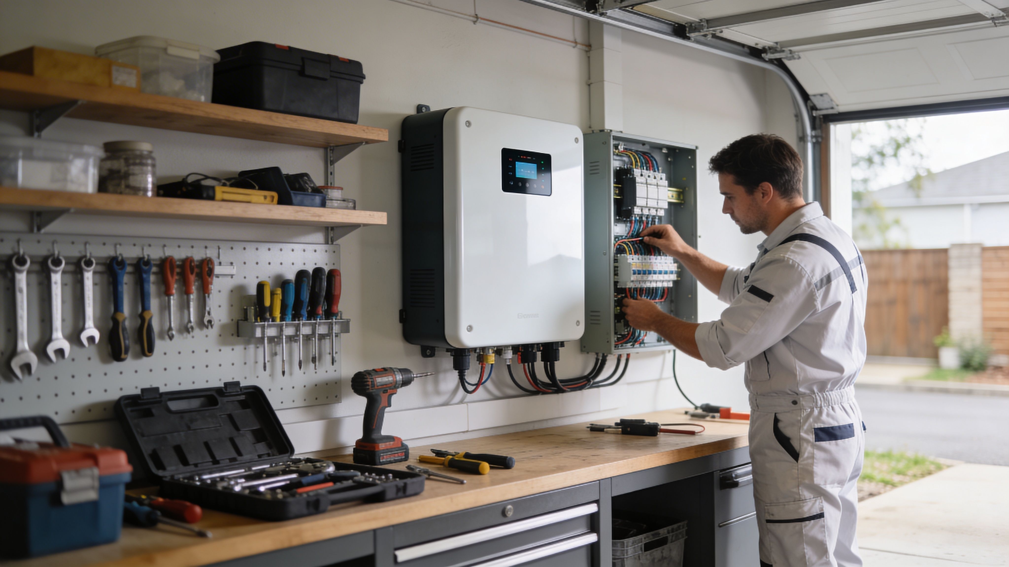 A Professional Electrician Installing A Wall-Mounted Solar Battery Inverter In A Residential Garage Workshop.