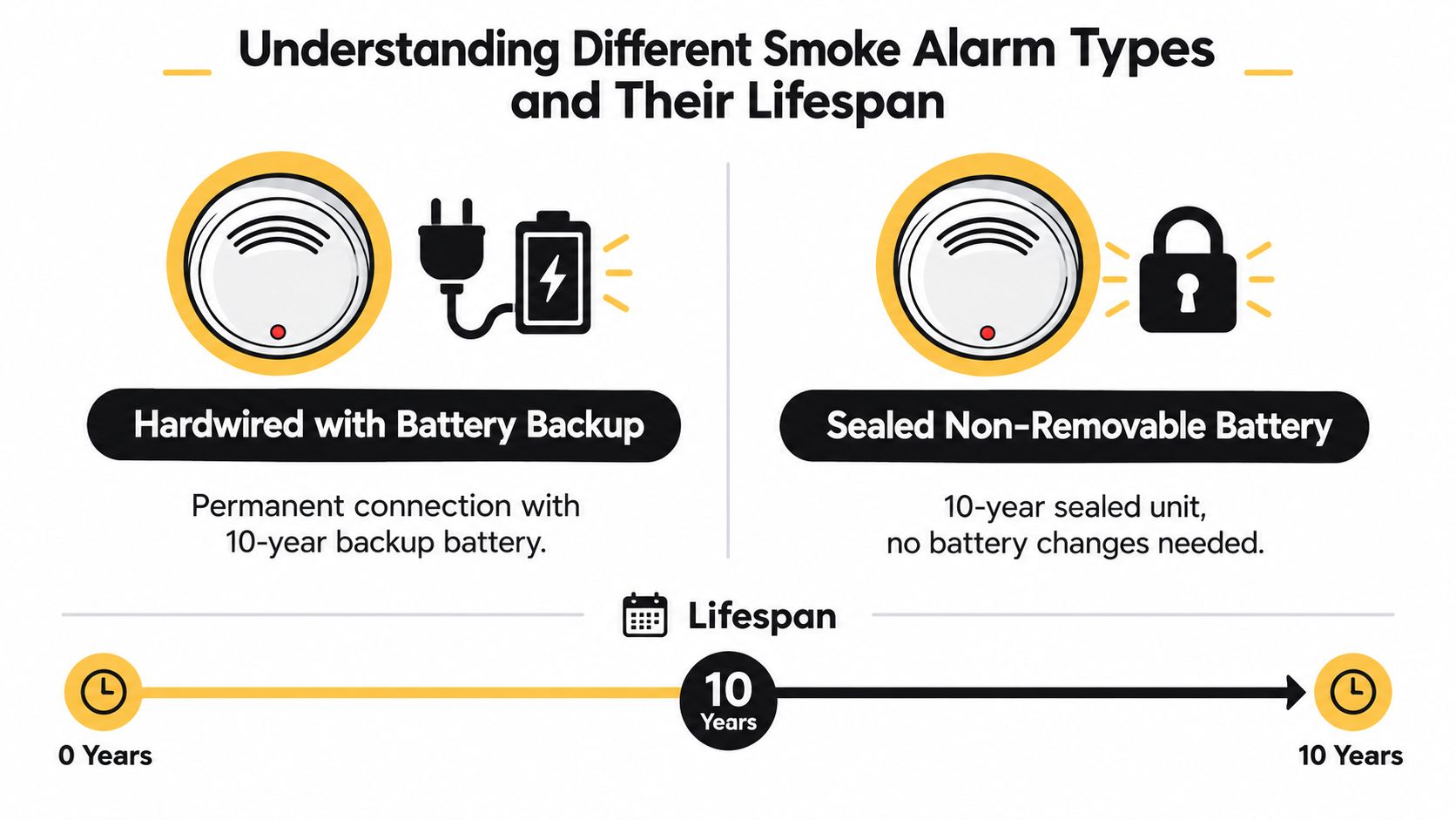 A Diagram Illustrating The Ten-Year Lifespan Of Hardwired And Sealed Battery-Powered Smoke Alarms.