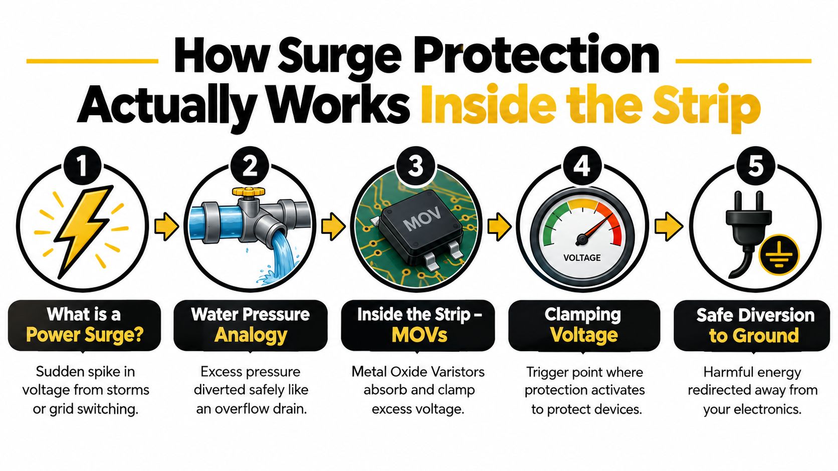 A Diagram Illustrating How A Surge Protector Works, Showing The Process From Power Surges To Ground Diversion.