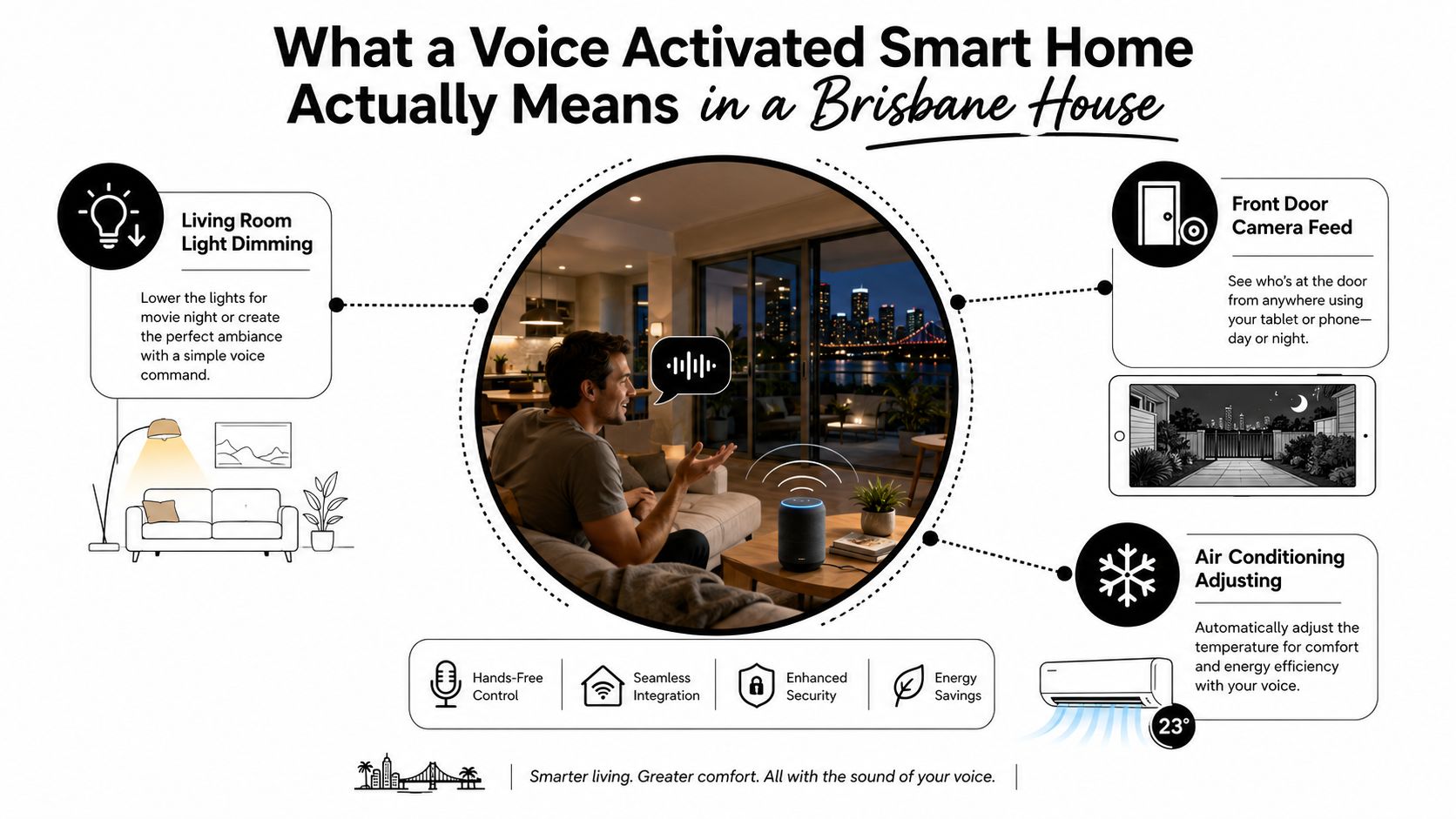 A Man In A Brisbane Living Room Using Voice Commands To Control Smart Home Lighting, Security, And Climate.