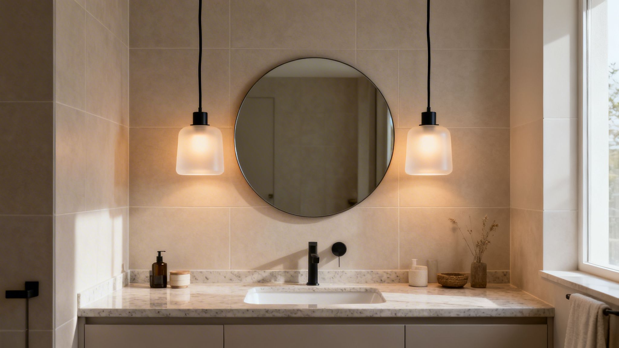 Lighting Bathroom Ideas: 10 Designs To Transform Your Home 3 A Modern Bathroom Vanity Showcases A Round Mirror, Dark Faucet, Sink, And Two Illuminated Frosted Pendant Lights.