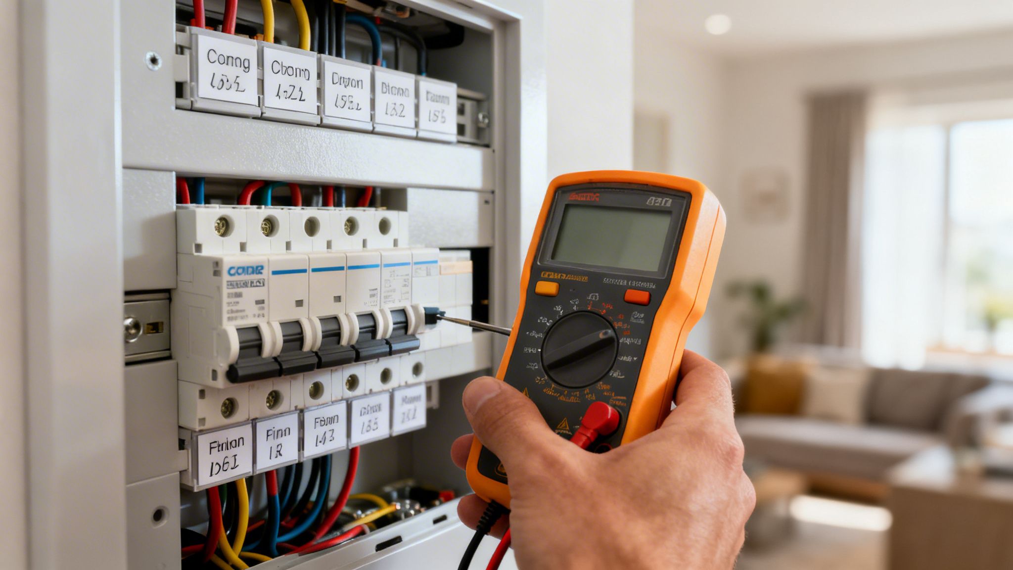 Electrician Troubleshooting An Electrical Panel With A Multimeter, Showing Wires And Circuit Breakers.