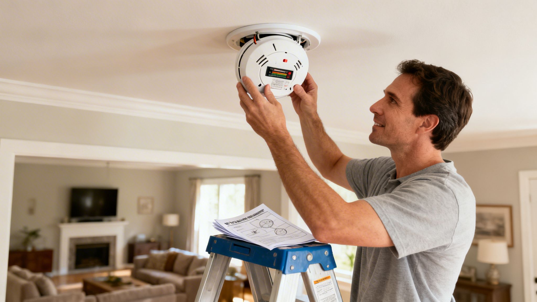 Smiling Man On A Step Ladder Installs A New White Smoke Alarm On A Ceiling.