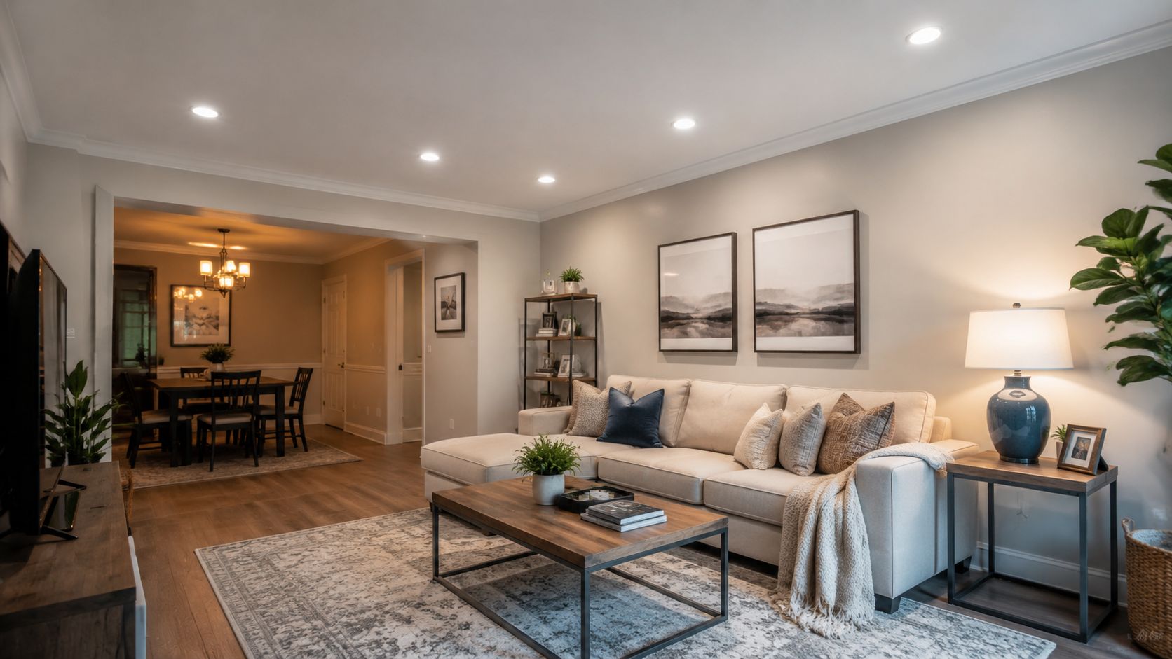 Led Downlight Installation: Your Brisbane Guide 1 A Modern Living Room Featuring Recessed Led Downlights, A Beige Sectional Sofa, And Wood Furniture.