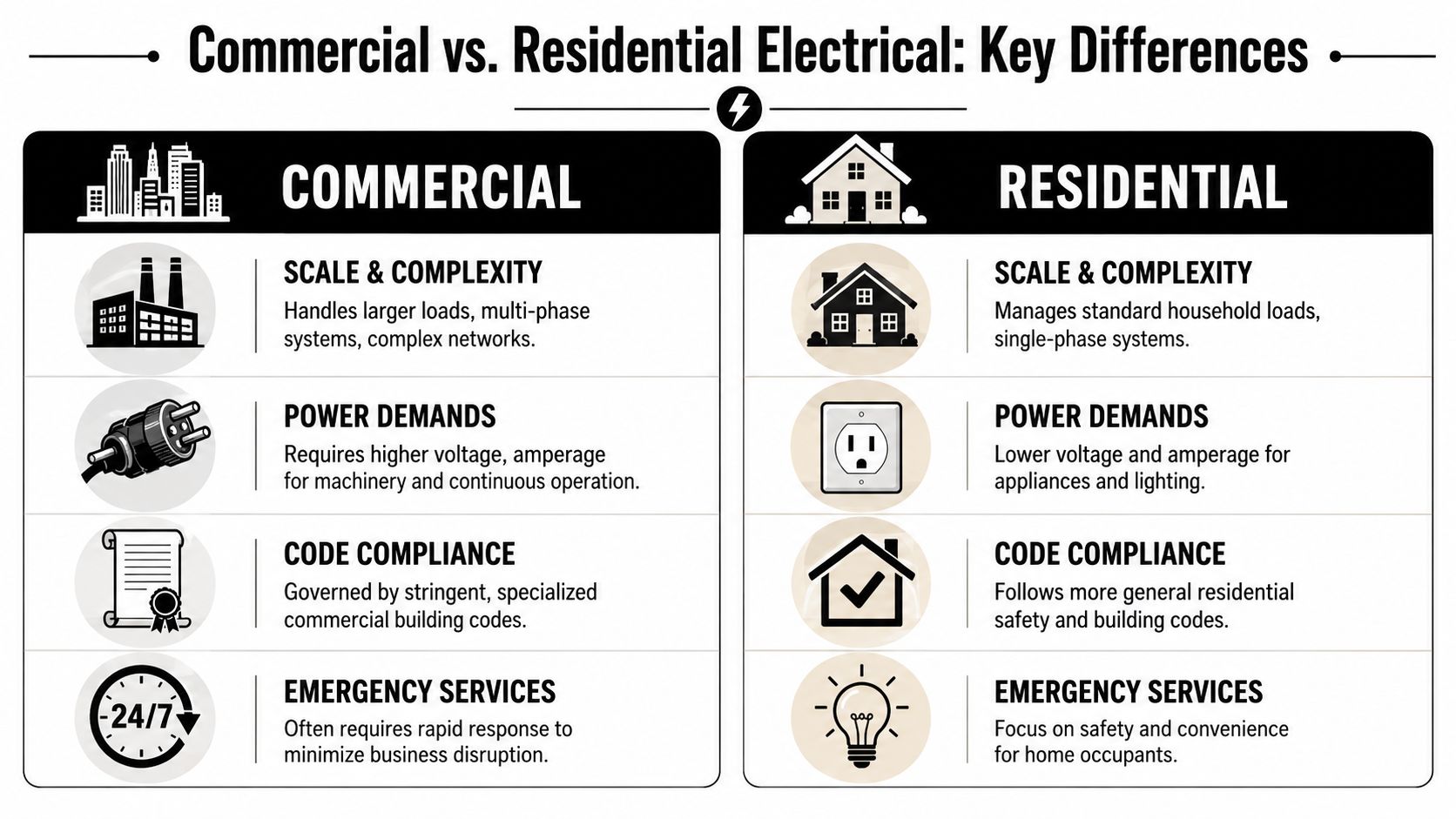 Your Guide To A Commercial Electrical Contractor In Brisbane 1 A Comparison Chart Outlining Key Electrical Differences Between Commercial And Residential Buildings, Including Scale, Power, And Safety Codes.