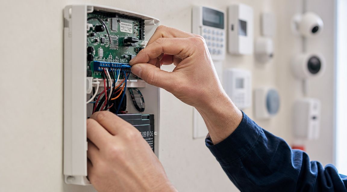 A Technician Installing Wiring In An Open Smart Home Security System Control Panel On A Wall.