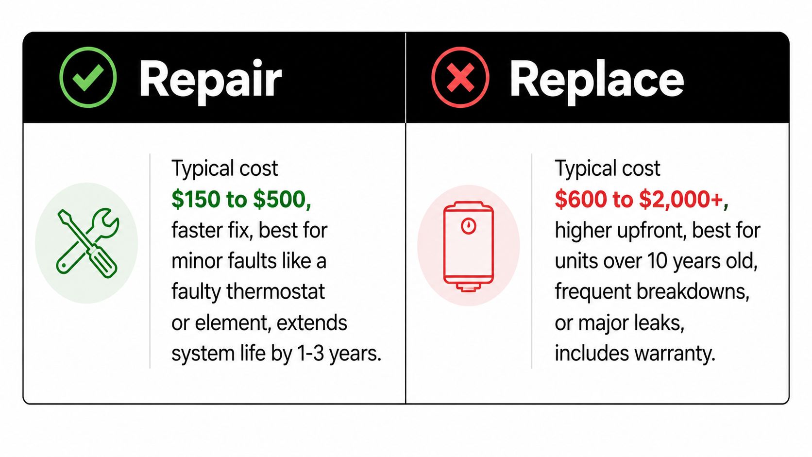 A Comparison Chart Outlining The Costs And Benefits Of Choosing To Repair Or Replace A Water Heater.