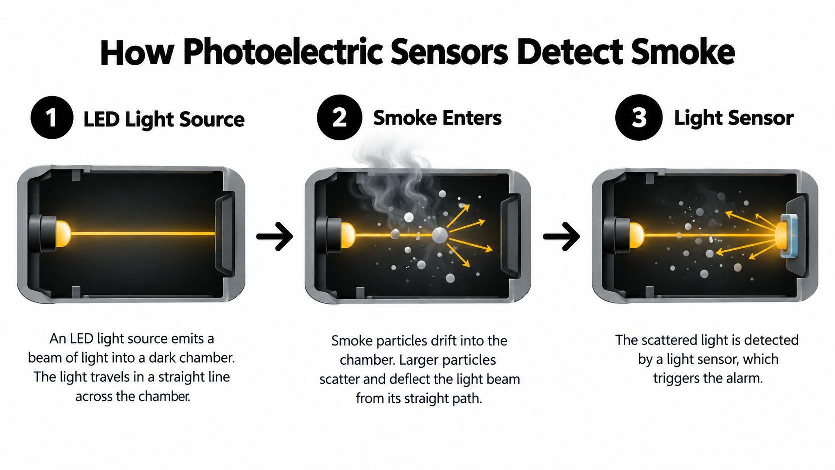 A Diagram Illustrating The Three Steps Of How A Photoelectric Smoke Sensor Detects Smoke Particles.