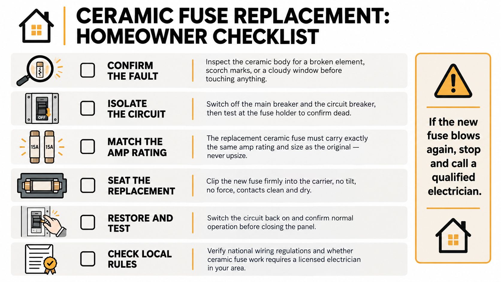 A Safety Checklist Illustration For Homeowners Explaining The Six Steps To Safely Replace A Ceramic Fuse.