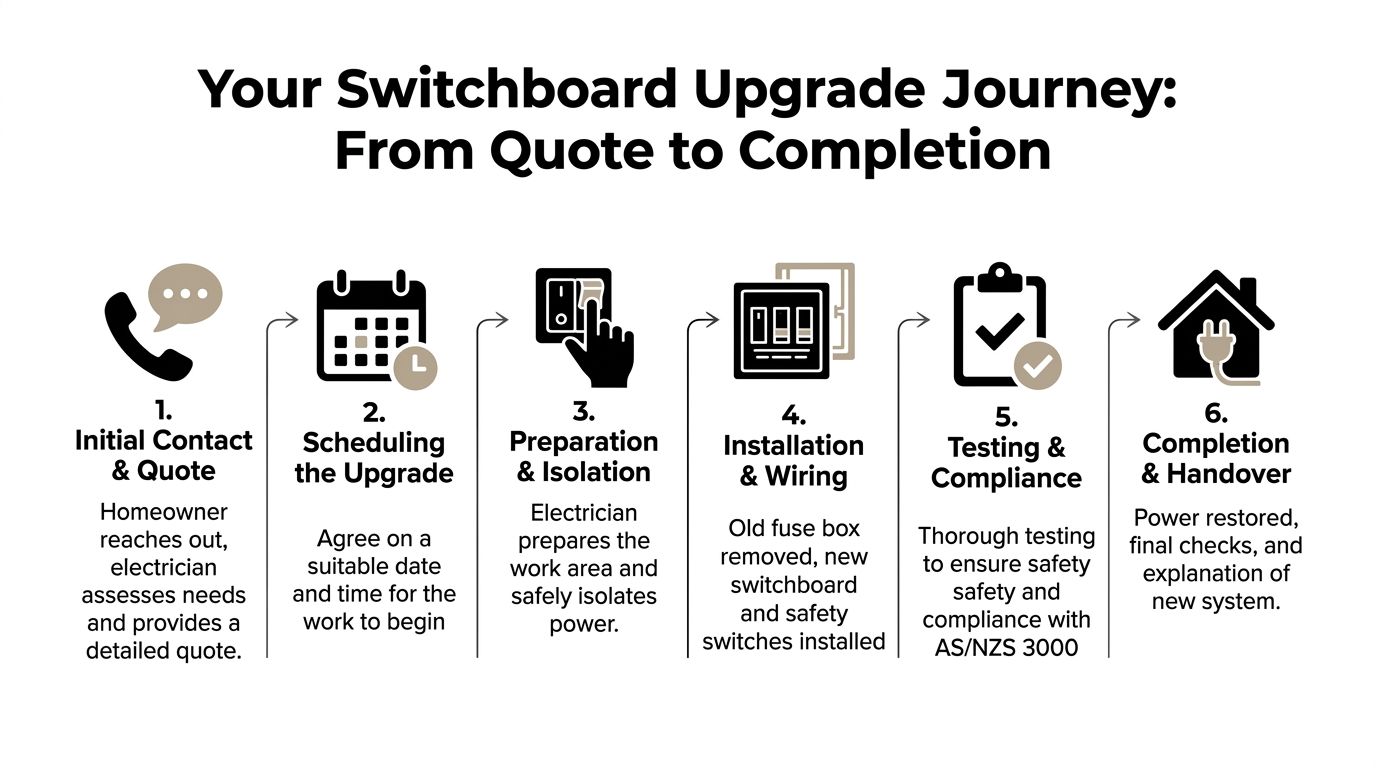 A Six-Step Infographic Detailing The Process Of Professional Switchboard Upgrades, From Initial Quote To Final Handover.