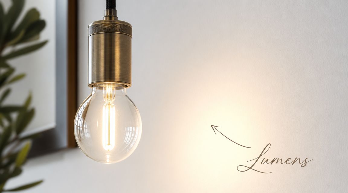 A Glowing Clear Led Light Bulb Hanging From A Vintage Brass Fixture Against A White Wall.
