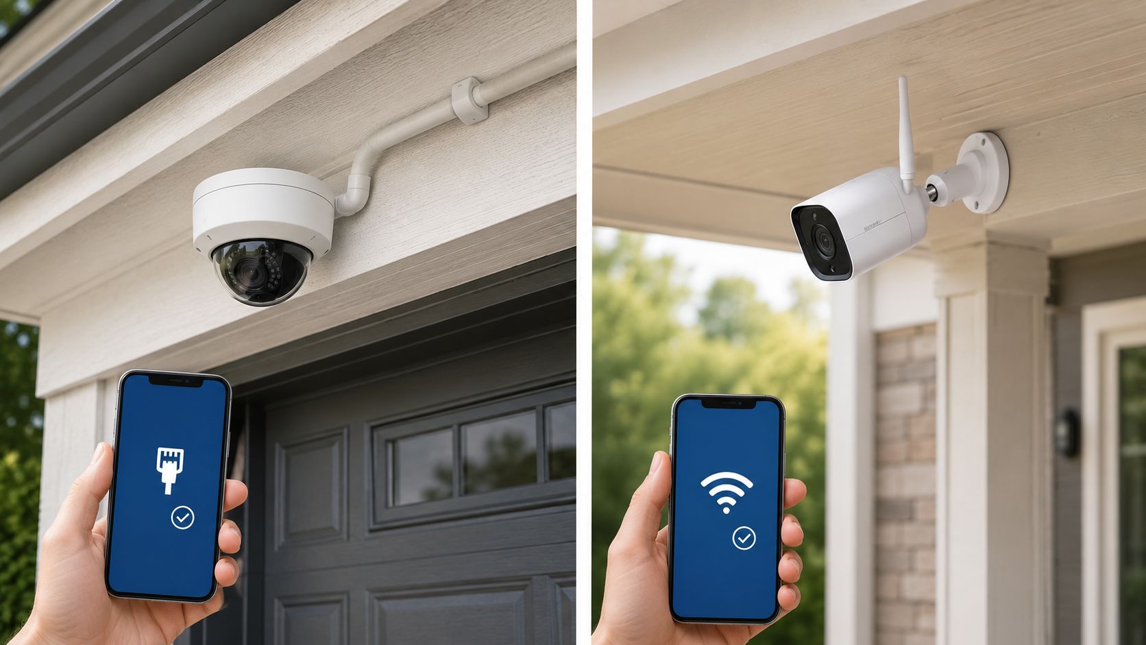 Security Camera Installation For Home: 2026 Setup Guide 2 A Split Image Showing A Wired Security Dome Camera And A Wireless Bullet Camera With Smartphone Connectivity.
