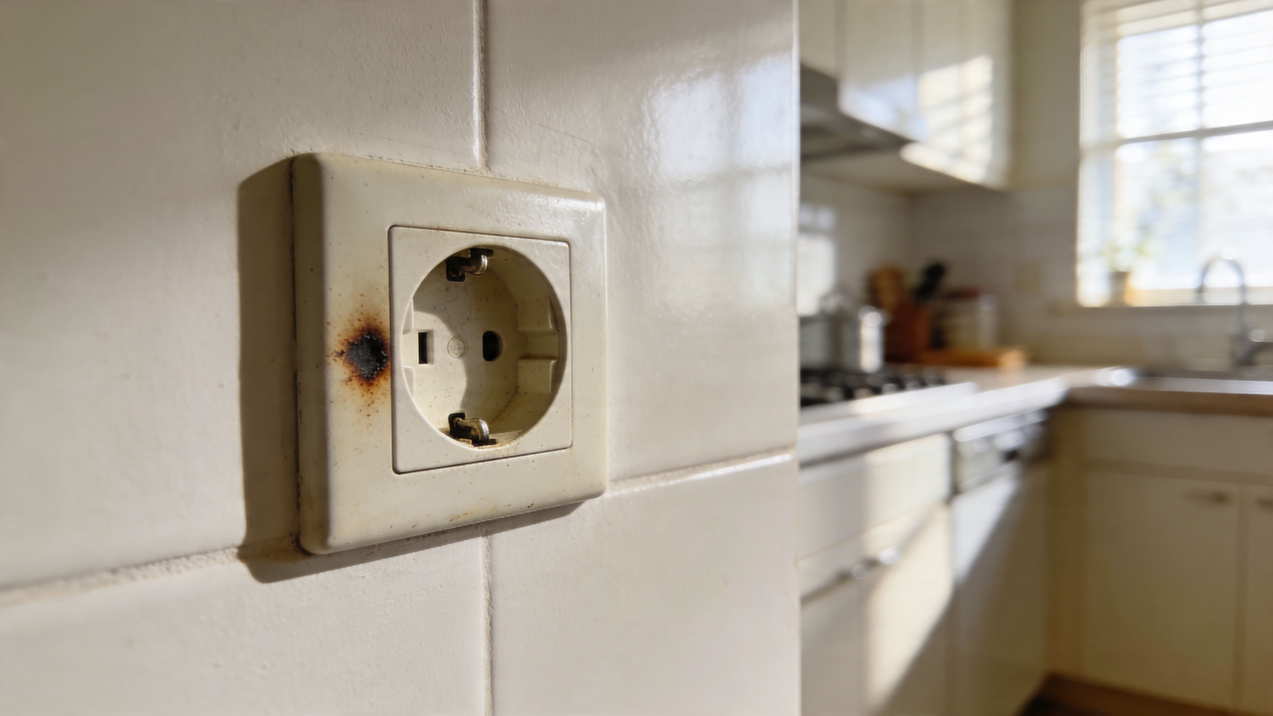 A Close-Up View Of A Damaged, Scorched Electrical Power Outlet Mounted On A White Tiled Kitchen Wall.